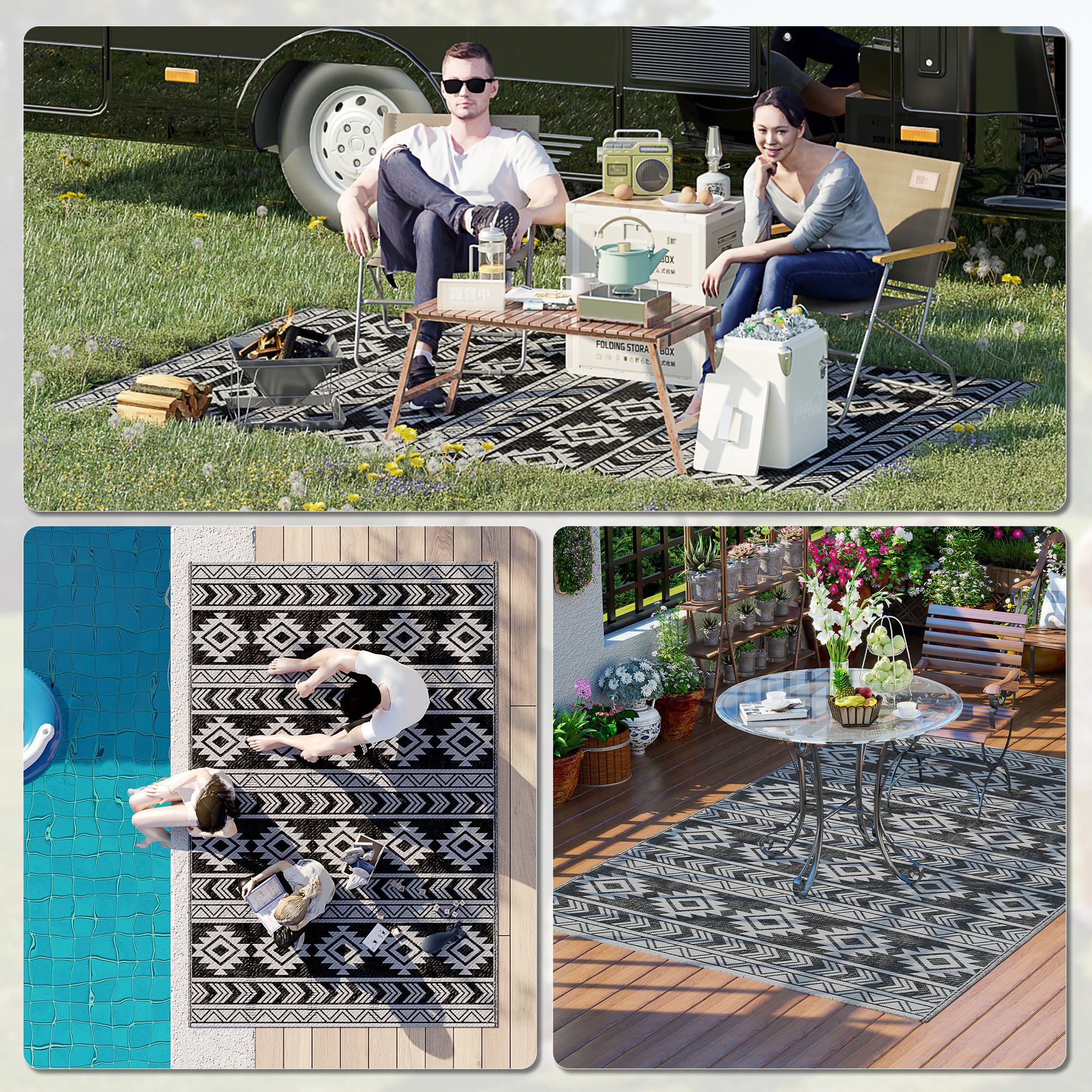 Reversible Outdoor RV Rug, Patio Floor Mat, 6' x 9' Plastic Straw Rug for Backyard, Deck, Beach, Camping, Black & Grey - Image 3