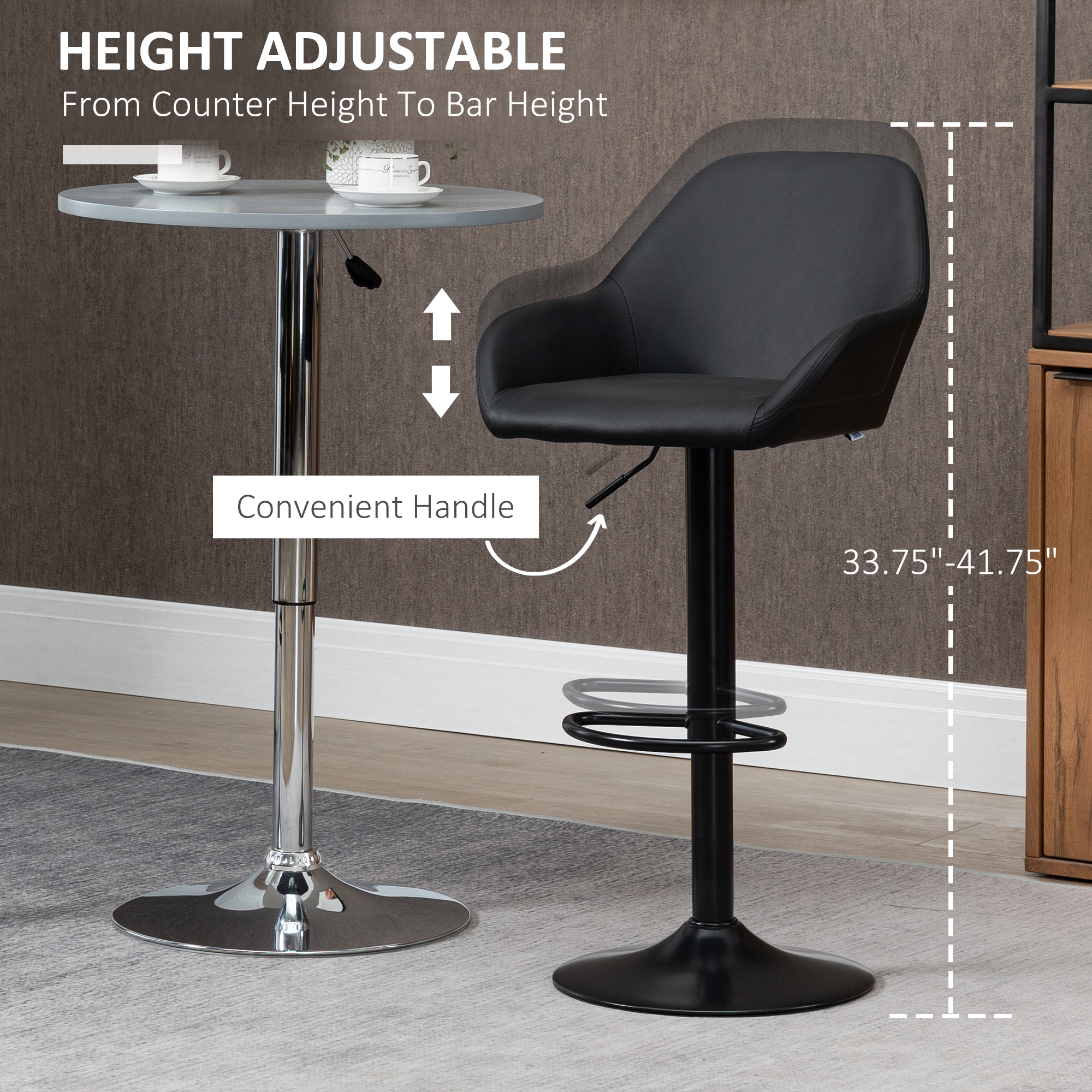 Adjustable Bar Stools Set of 2, Swivel Barstools with Footrest and Back, PU Leather and Steel Round Base, Black - Image 3