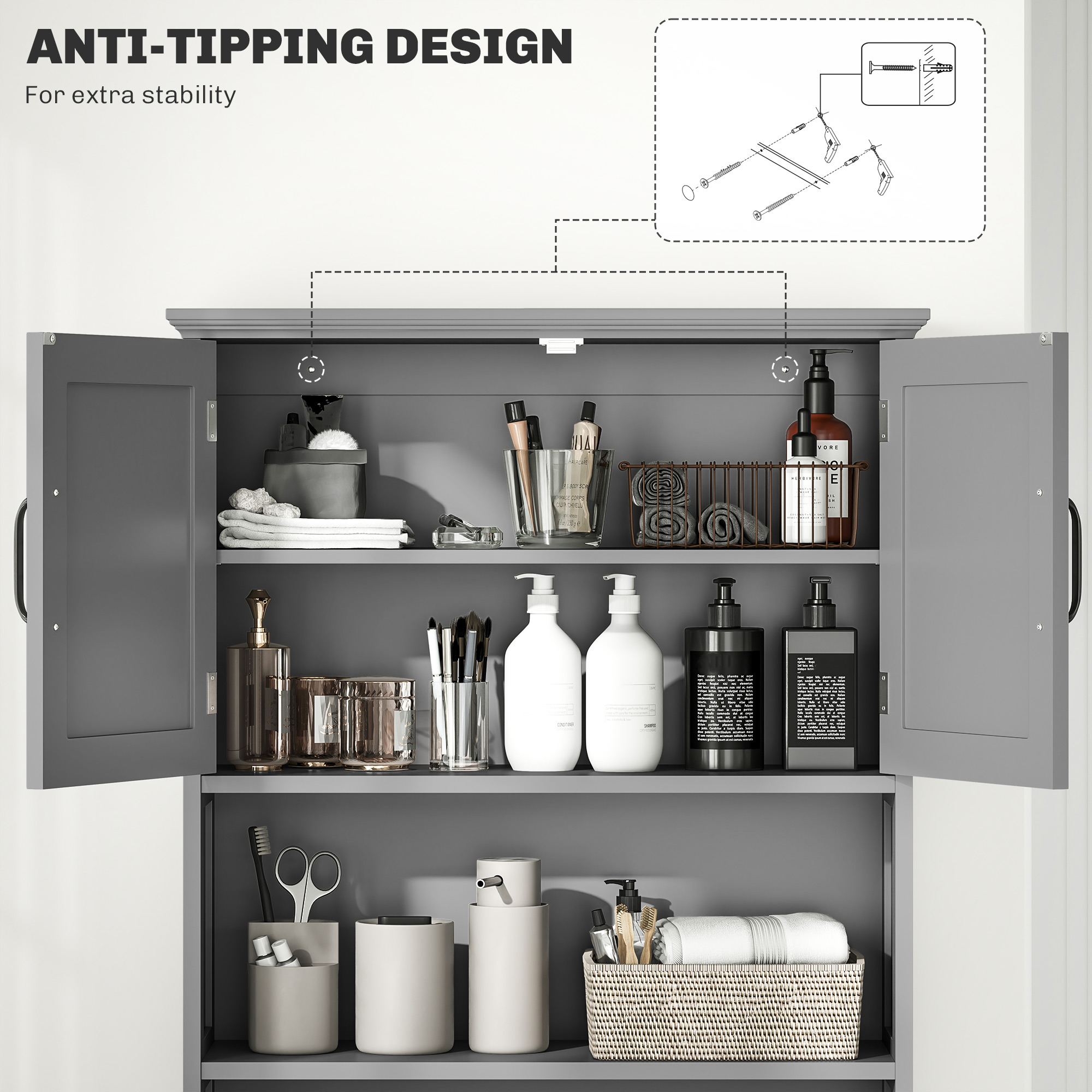 Modern Over The Toilet Storage, Bathroom Cabinets Over Toilet with Open Shelves and Double Door Cabinet, Grey - Image 5