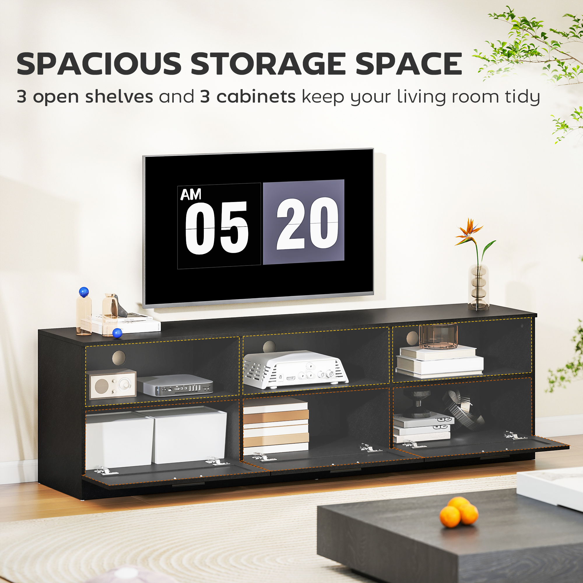 TV Stand with Storage, Modern Entertainment Center with 3 Cabinets and 3 Open Shelves, for TVs up to 85", Black - Image 2