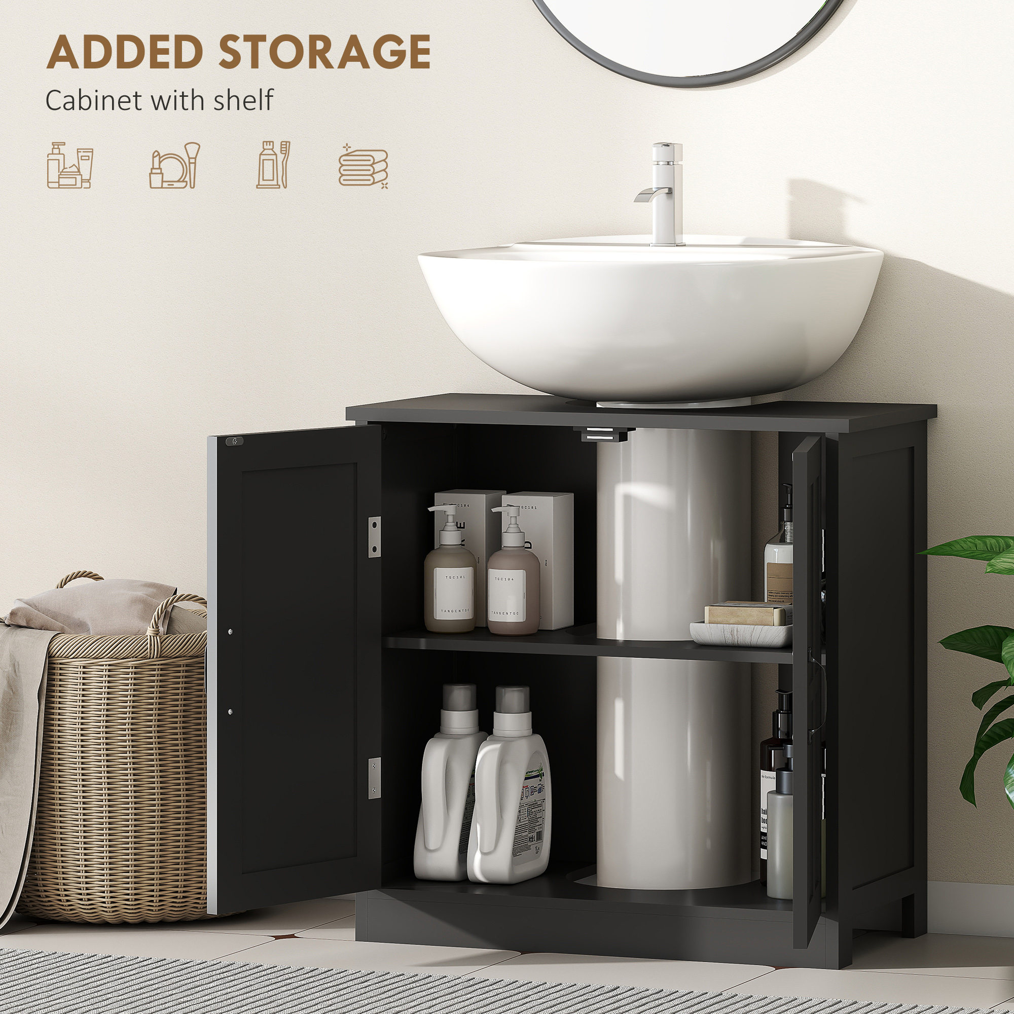 edestal Under Sink Cabinet, Bathroom Vanity Cabinet Storage with Double Doors and Adjustable Shelf, Black - Image 4