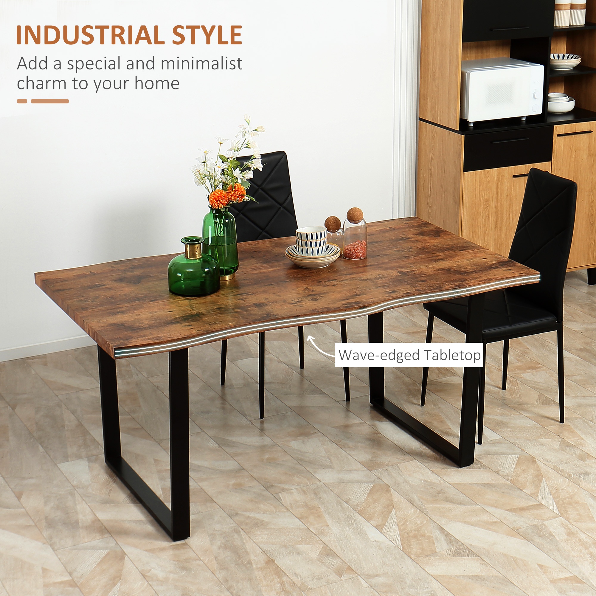 63" Kitchen Table, Industrial Dining Table with Wave-edged Tabletop and Steel Legs for Up to 6 People, Rustic Brown - Image 2