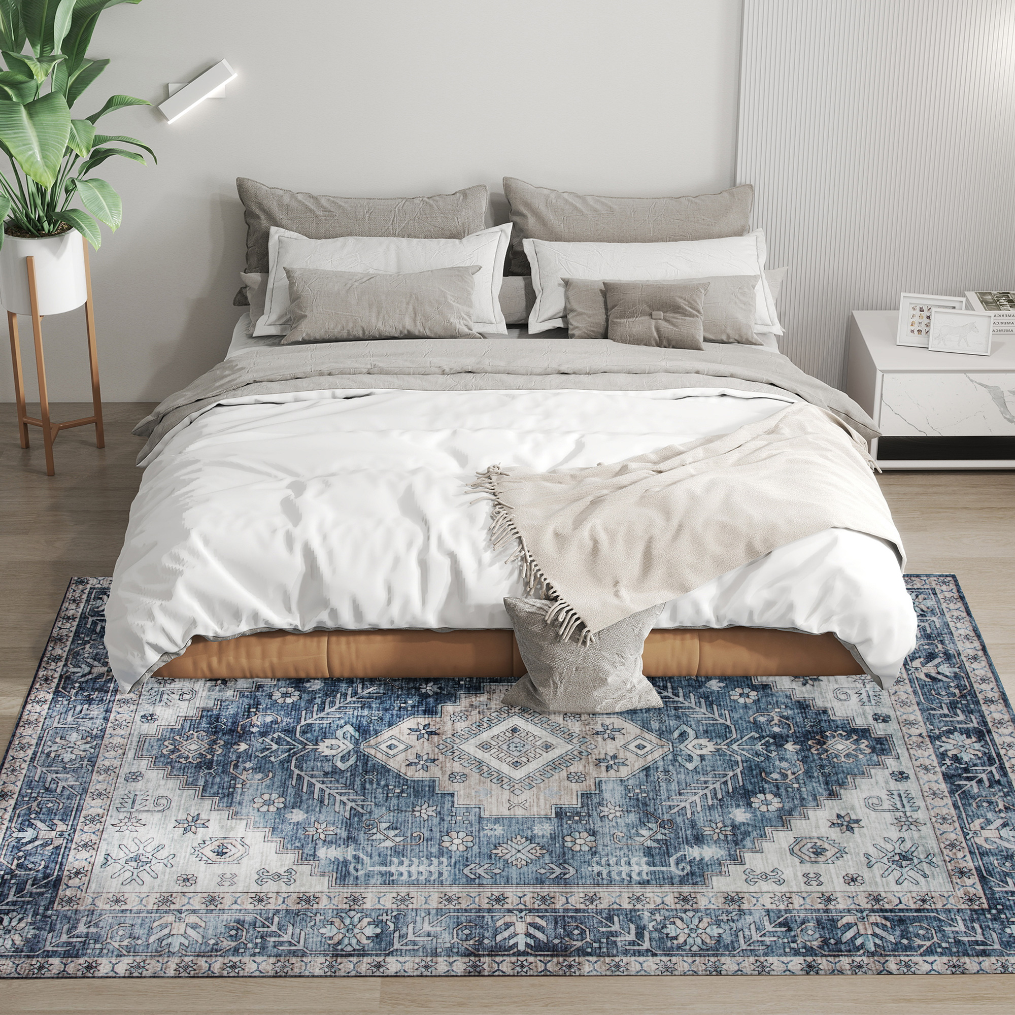 5x7 Area Rug, Vintage Machine Washable Rug, Non-Slip Floor Carpet for Living Room, Bedroom, Dining Room, Blue - Image 6
