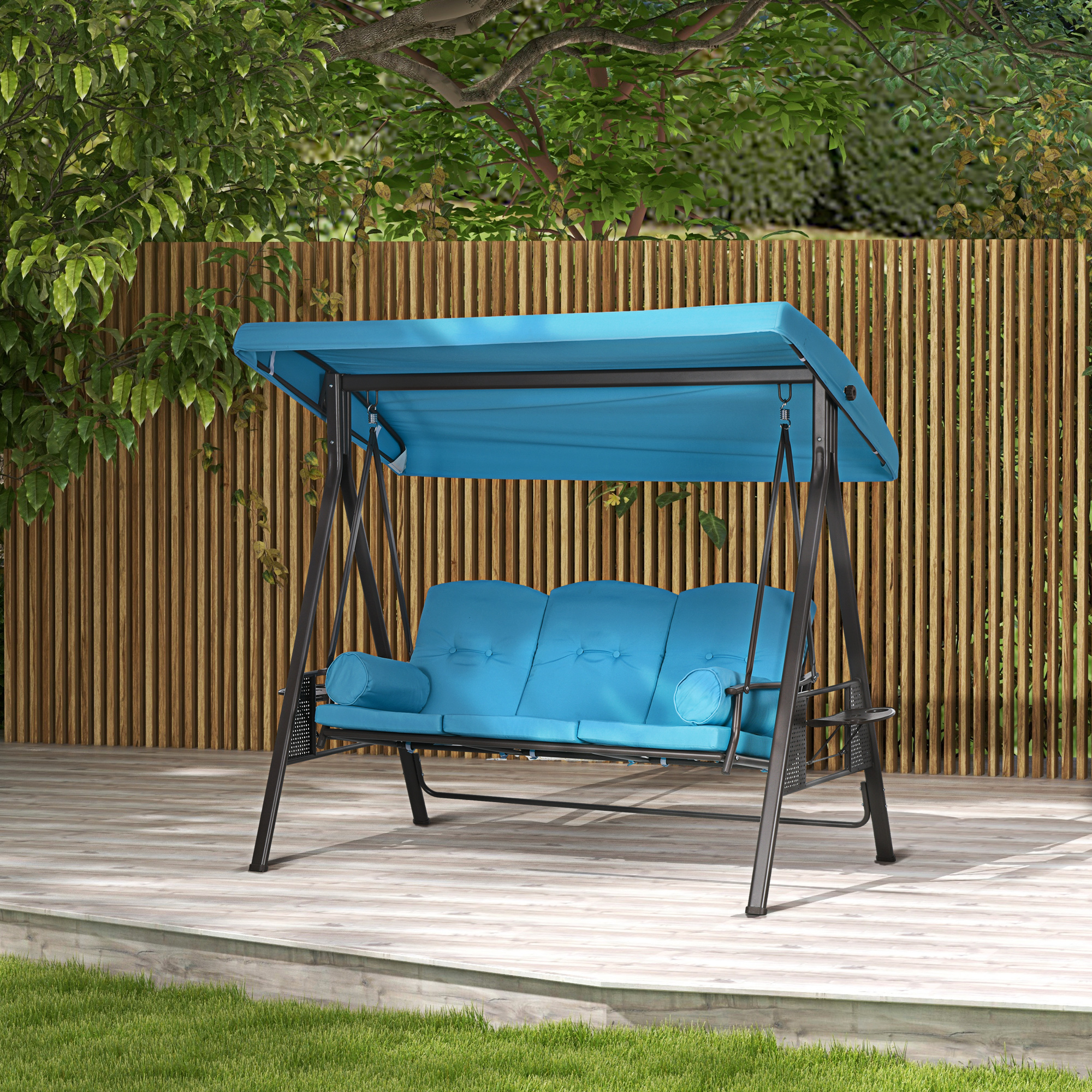 Outdoor Patio 3-Person Steel Canopy Cushioned Seat Bench Swing with Included Side Trays & Padded Comfort, Light Blue - Image 6