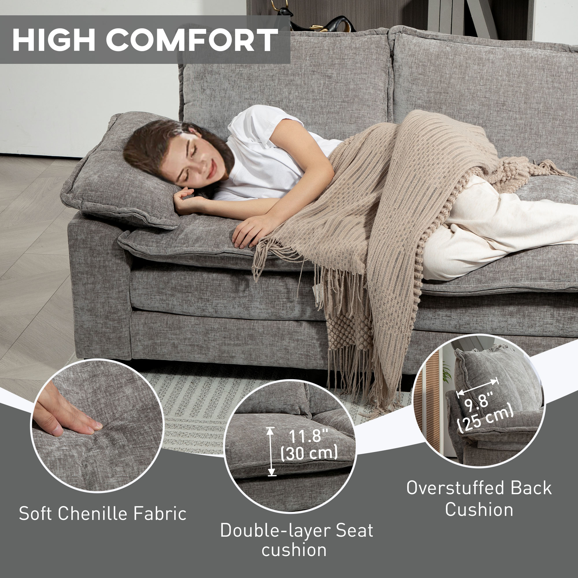 Sofa Couch with Chaise Lounge, Chenille L-shaped Couch with Double-layer Seat Cushion for Living Room, Grey - Image 3
