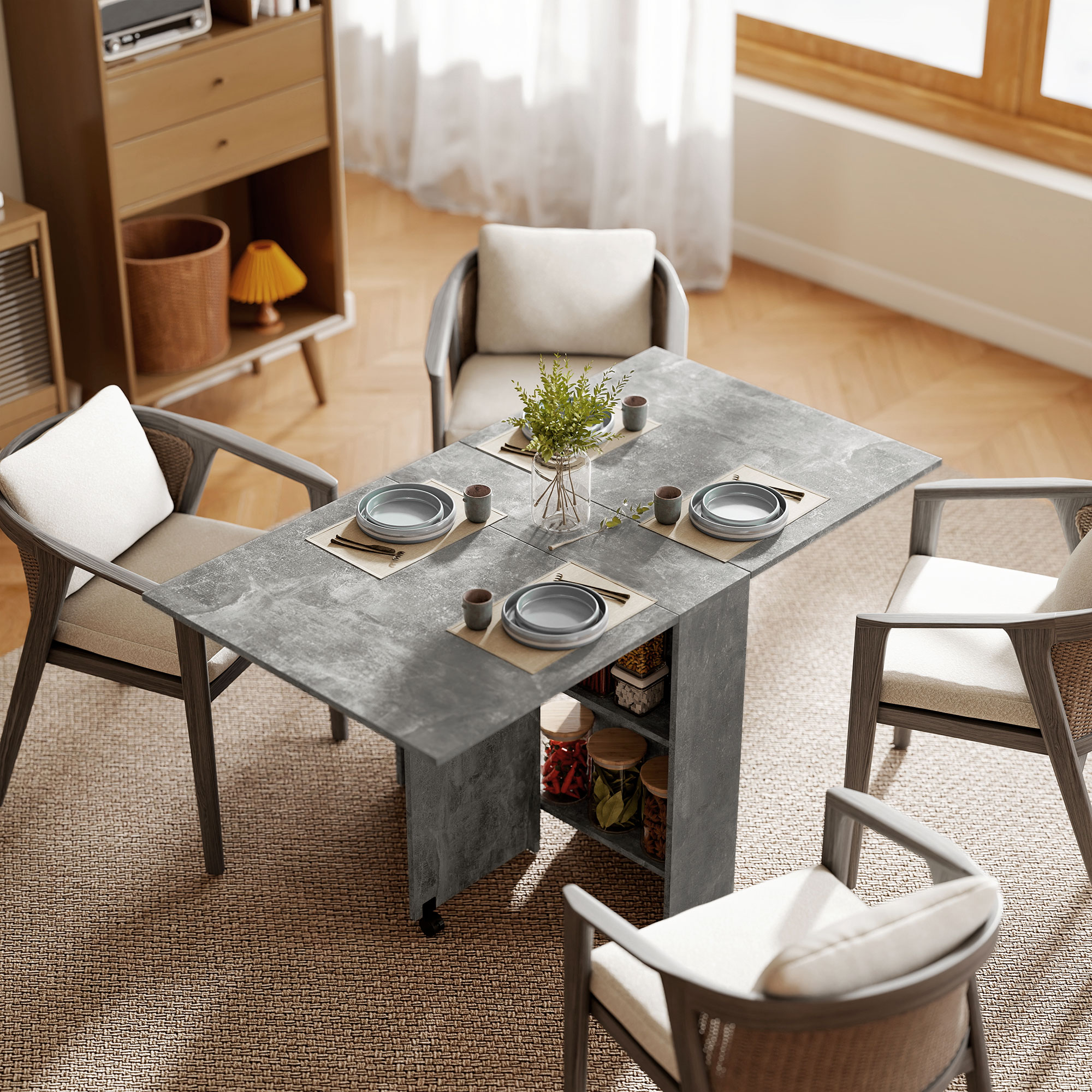Extendable Dining Table, Collapsible Folding Table w/ 2-tier Shelves and Rolling Casters, Grey - Image 6