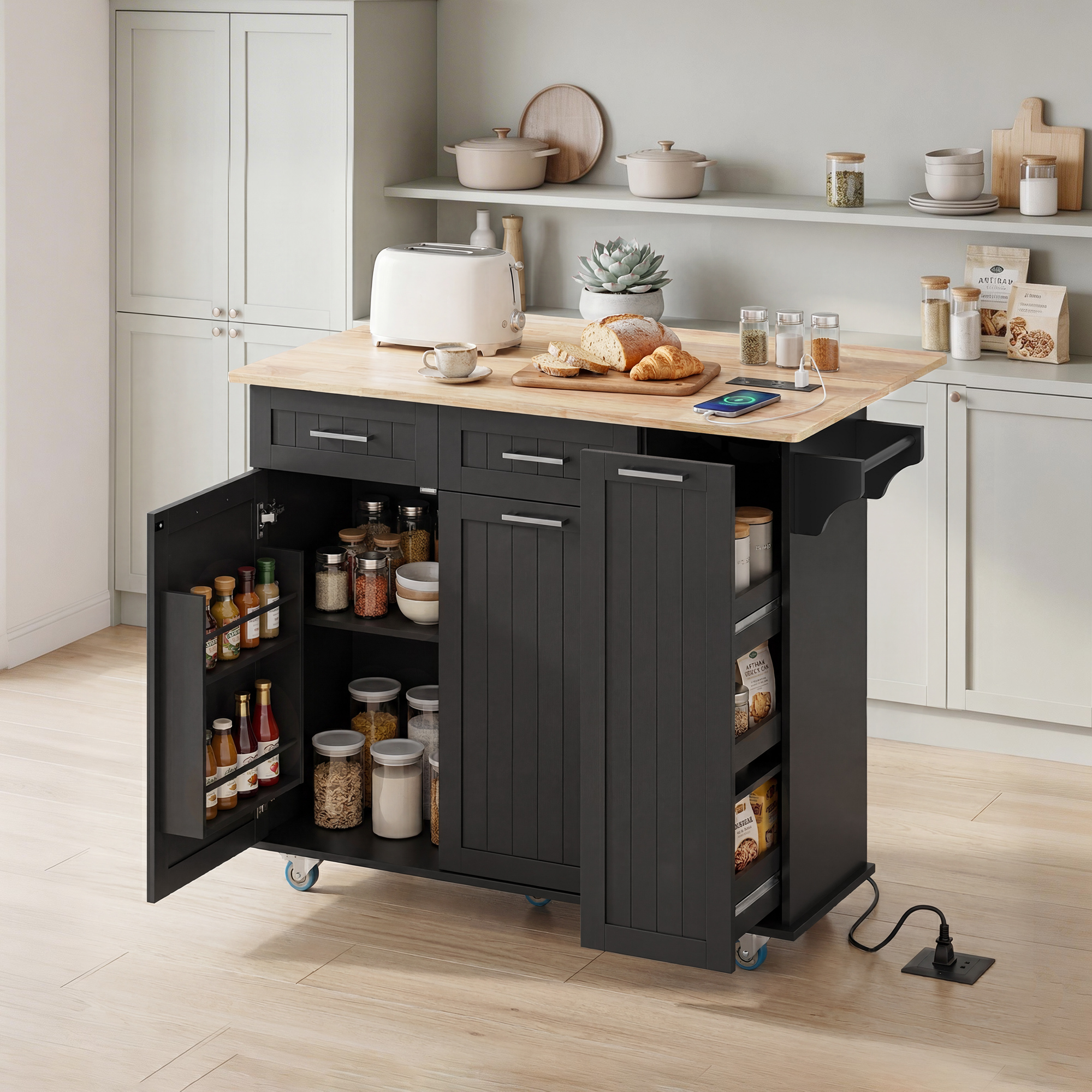 Kitchen Island on Wheels with Wood Drop Leaf, Charging Station, Rolling Kitchen Cart with Adjustable Shelf, Black - Image 6