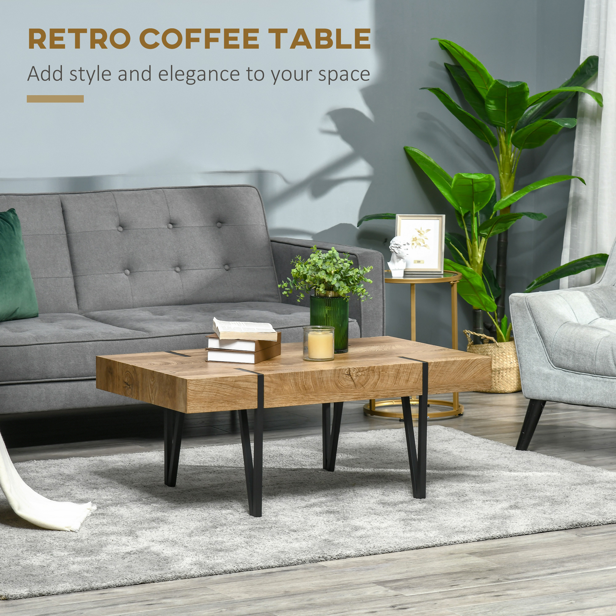 Rustic Coffee Table, Rectangle Nature Central Table with Steel Hairpin Legs for Living Room - Image 2