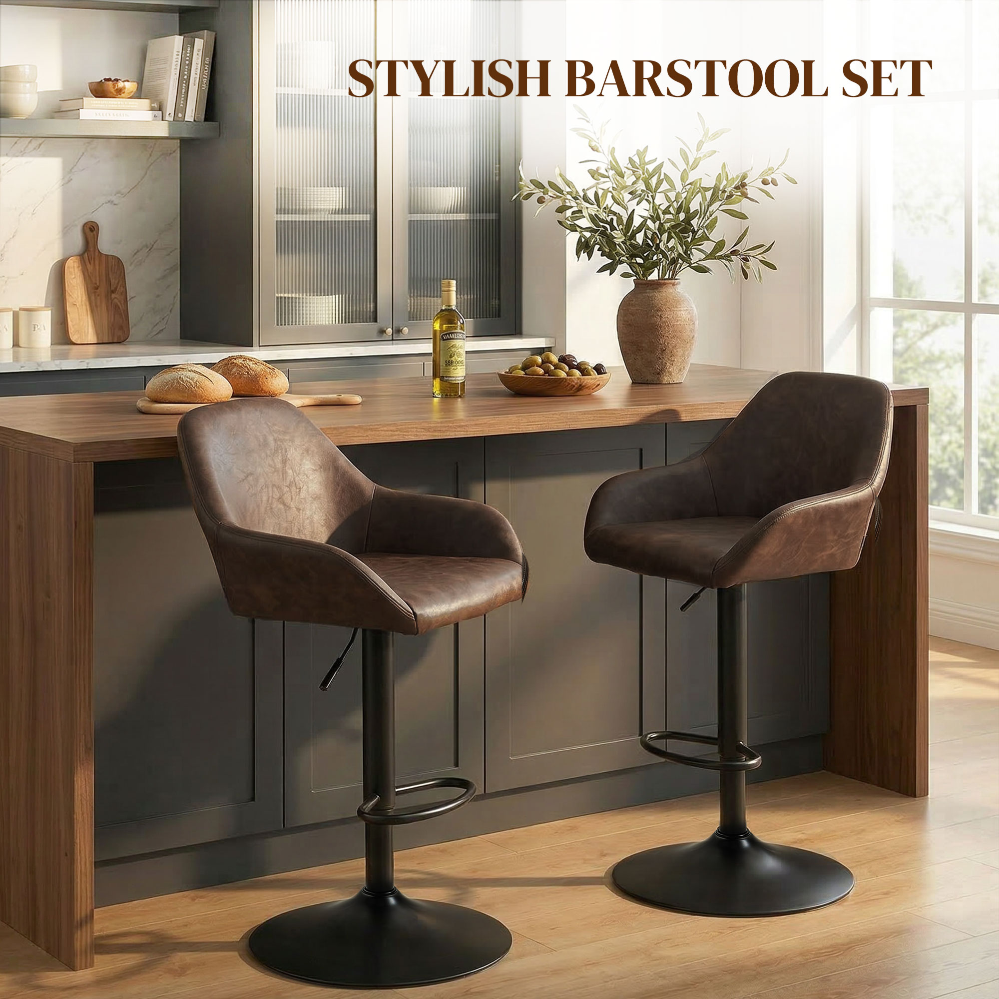 Adjustable Bar Stools Set of 2, Swivel Barstools with Footrest and Back, PU Leather and Steel Round Base, Coffee - Image 2