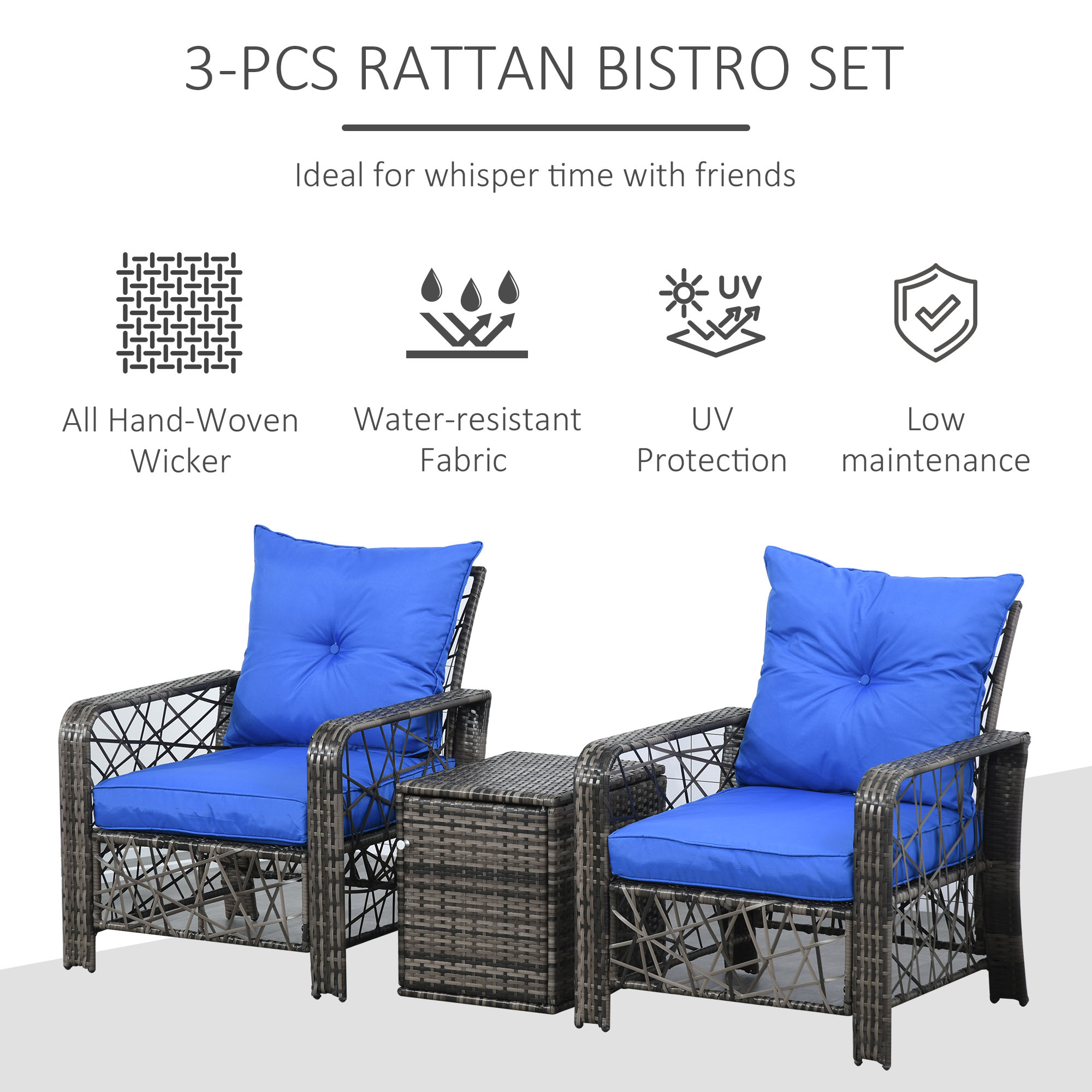 3 Pieces Wicker Patio Furniture Set, Rattan Bistro Set with Storage Coffee Table and Thickened Cushions, Outdoor Conversation Set for Garden, Porch, Balcony, Blue - Image 2