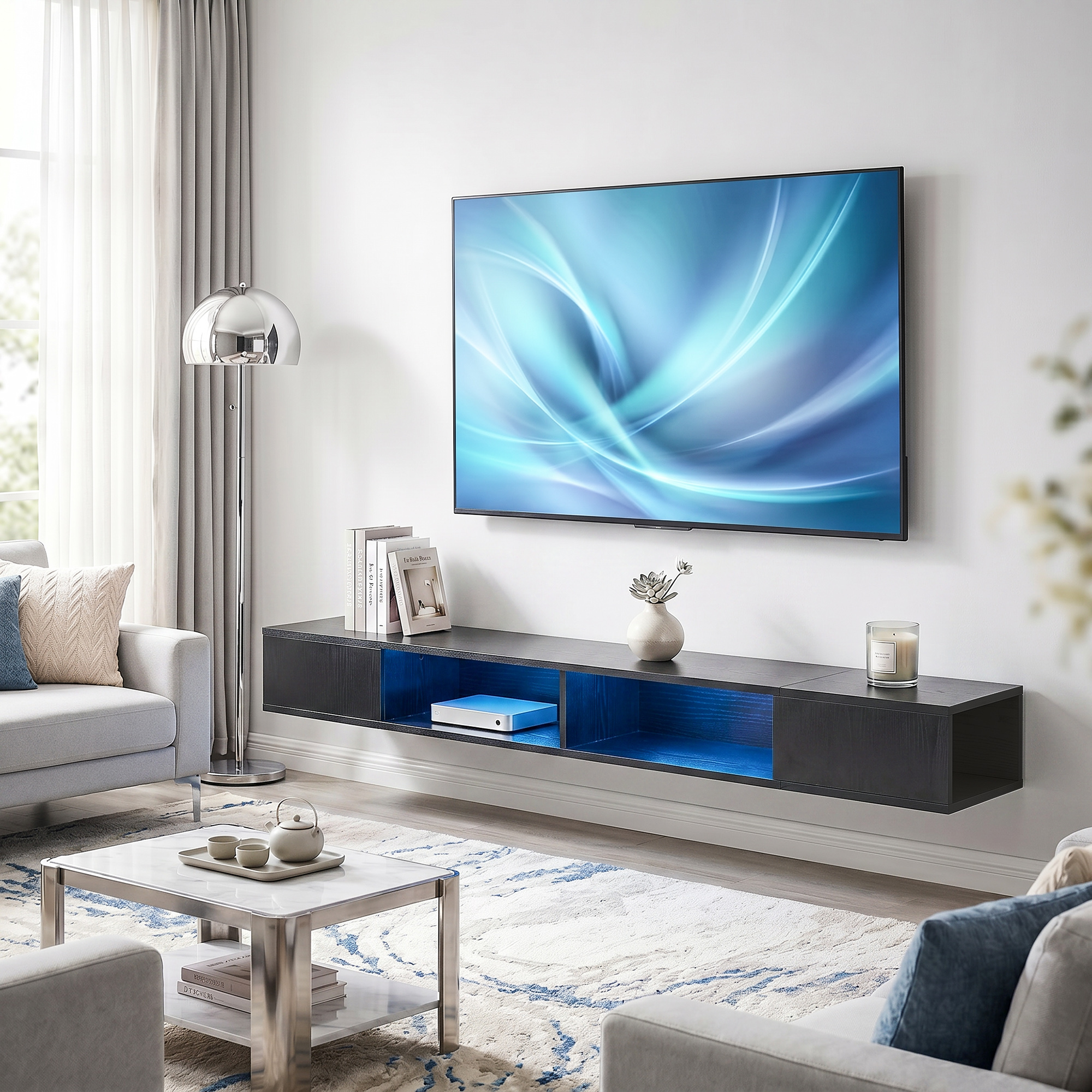 TV Stand with RGB LED Lights, Entertainment Center with Open Shelves for 75 Inch TV, Black Wood Grain - Image 6