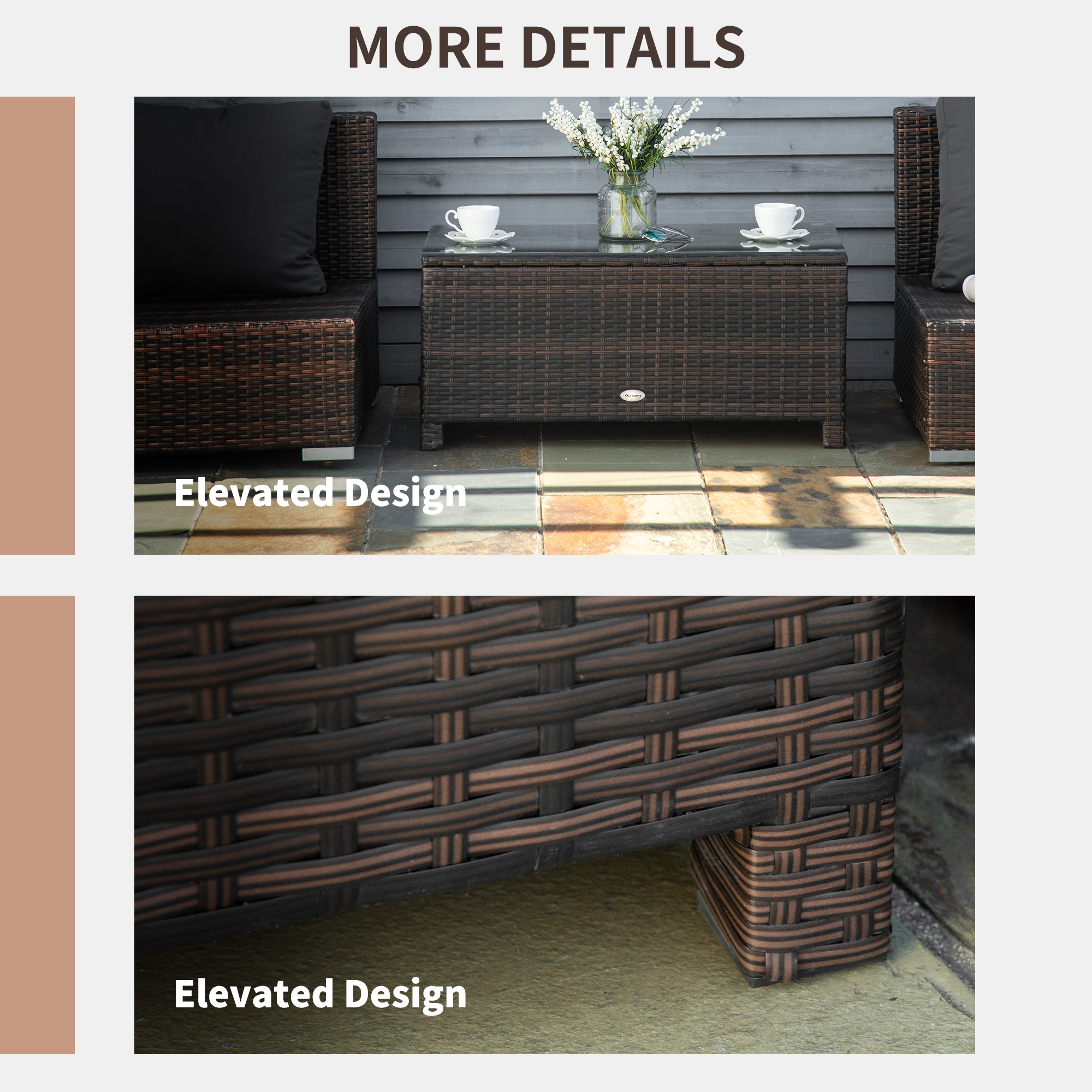 Rattan Wicker Coffee Table with Glass Top Outdoor Garden Patio Furniture Brown Tempered - Image 2