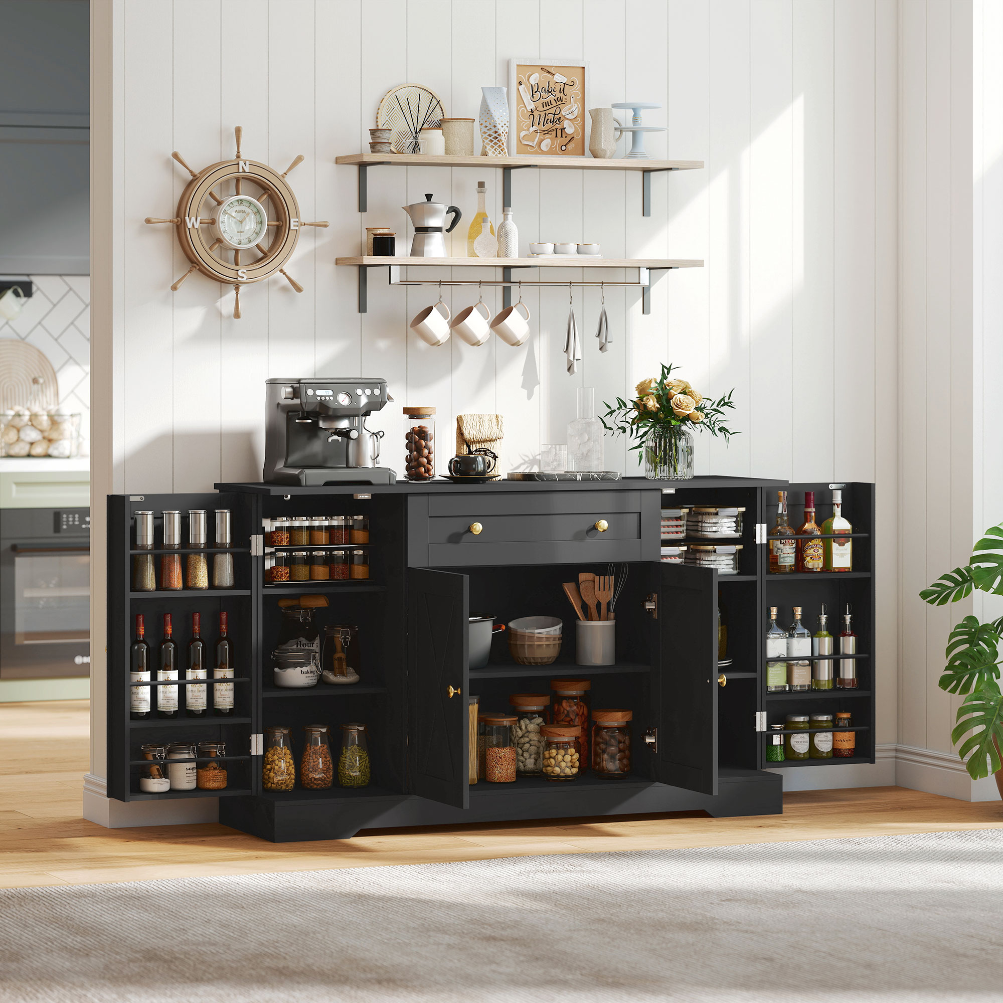 Sideboard Buffet Cabinet, Farmhouse Coffee Bar Cabinet with Door Shelves, Adjustable Shelves, Drawer, Barn Doors, Black - Image 6