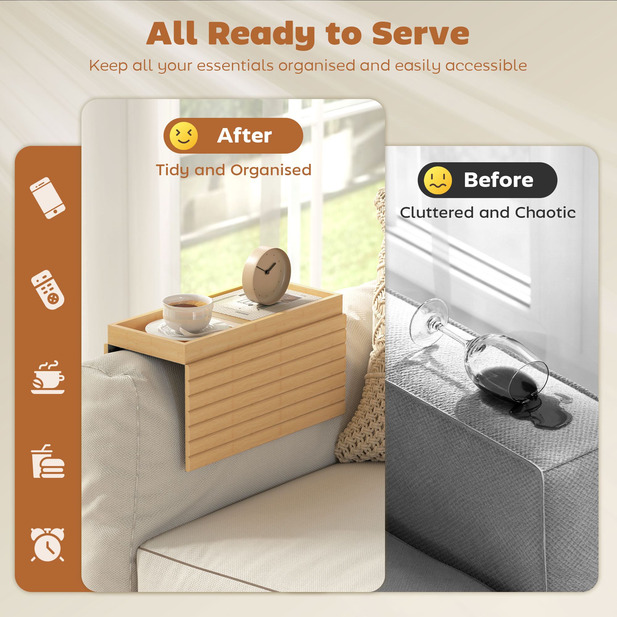 Bamboo Couch Arm Tray, Sofa Armrest Tray with Flexible Roll-up Design and Wide Compartment, Natural - Image 3