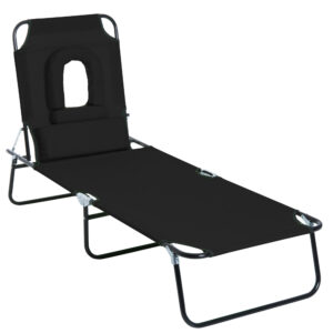 Adjustable Outdoor Lounge Chair, Garden Folding Chaise Lounge with Face Hole Reclining Tanning Chair Seat, Folding Camping Beach Lounging Bed w/ Support Pillow, Black