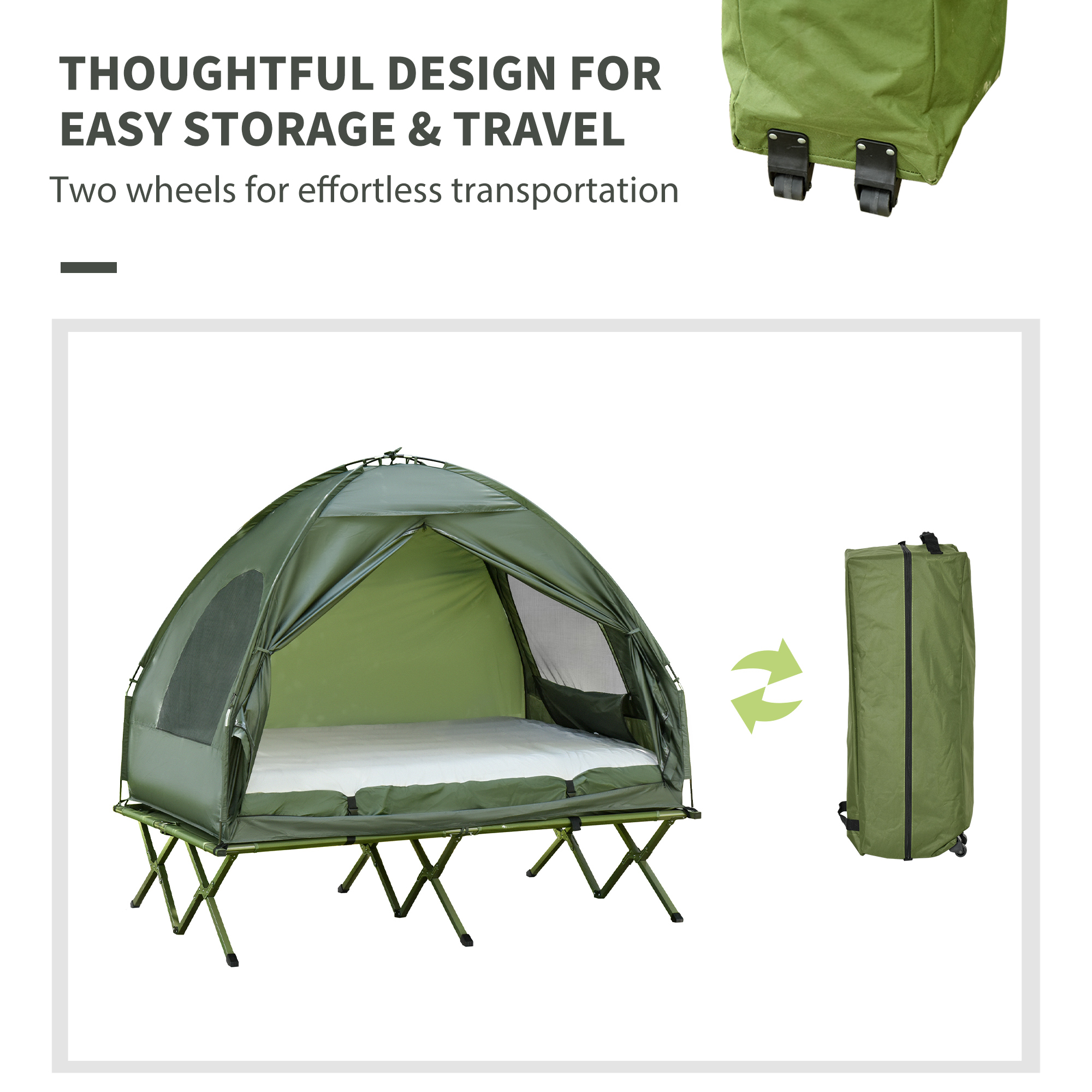 All in 1 Camping Combo Portable Folding Camping Tent Cot Air Mattress w/ Carry Bag and Pump Hiking Shelter Sleeping Bed Dark Green - Image 3