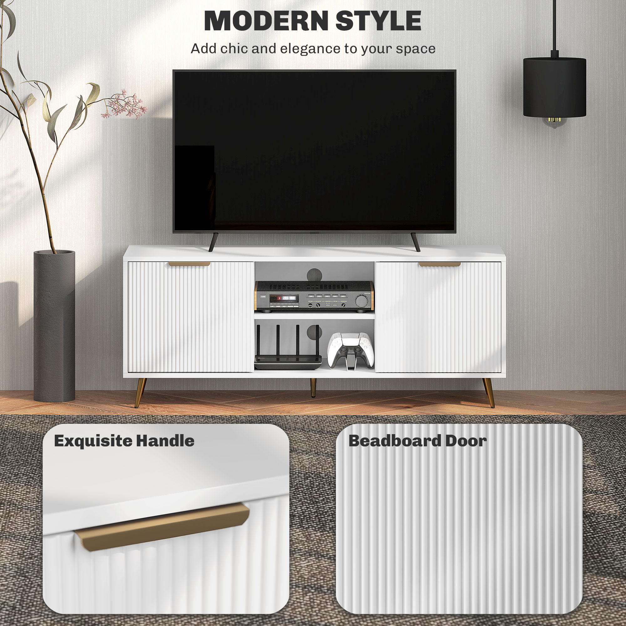 TV Stand with Storage for 55 Inch TV, Modern TV Cabinet with 2 Open Shelves and 2 Cabinets for Living Room, White - Image 2