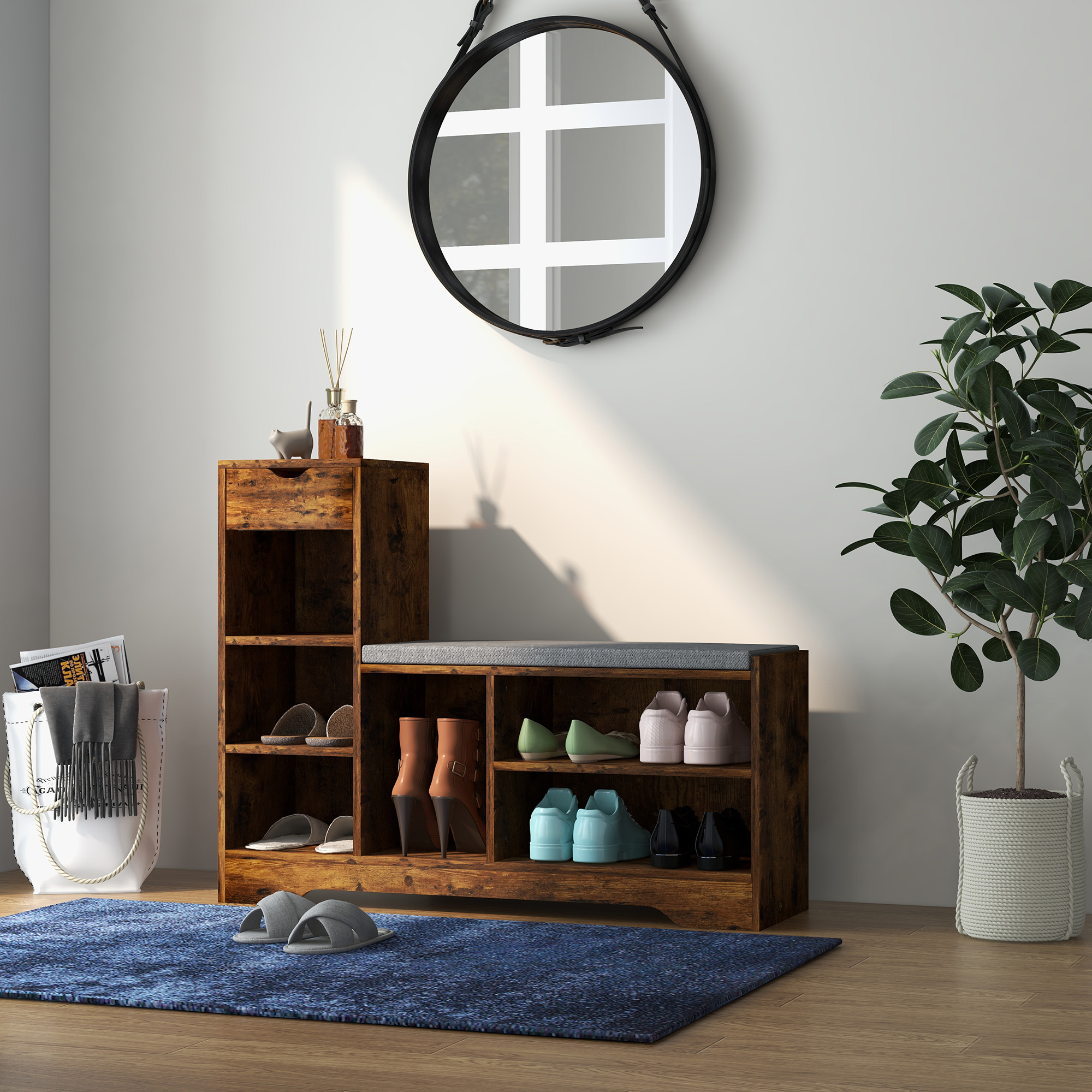Upholstered Shoe Storage Bench w/ Seat, Entrance Bench w/ Drawer and 6 Open Shelves for Hallway, Rustic Brown - Image 6