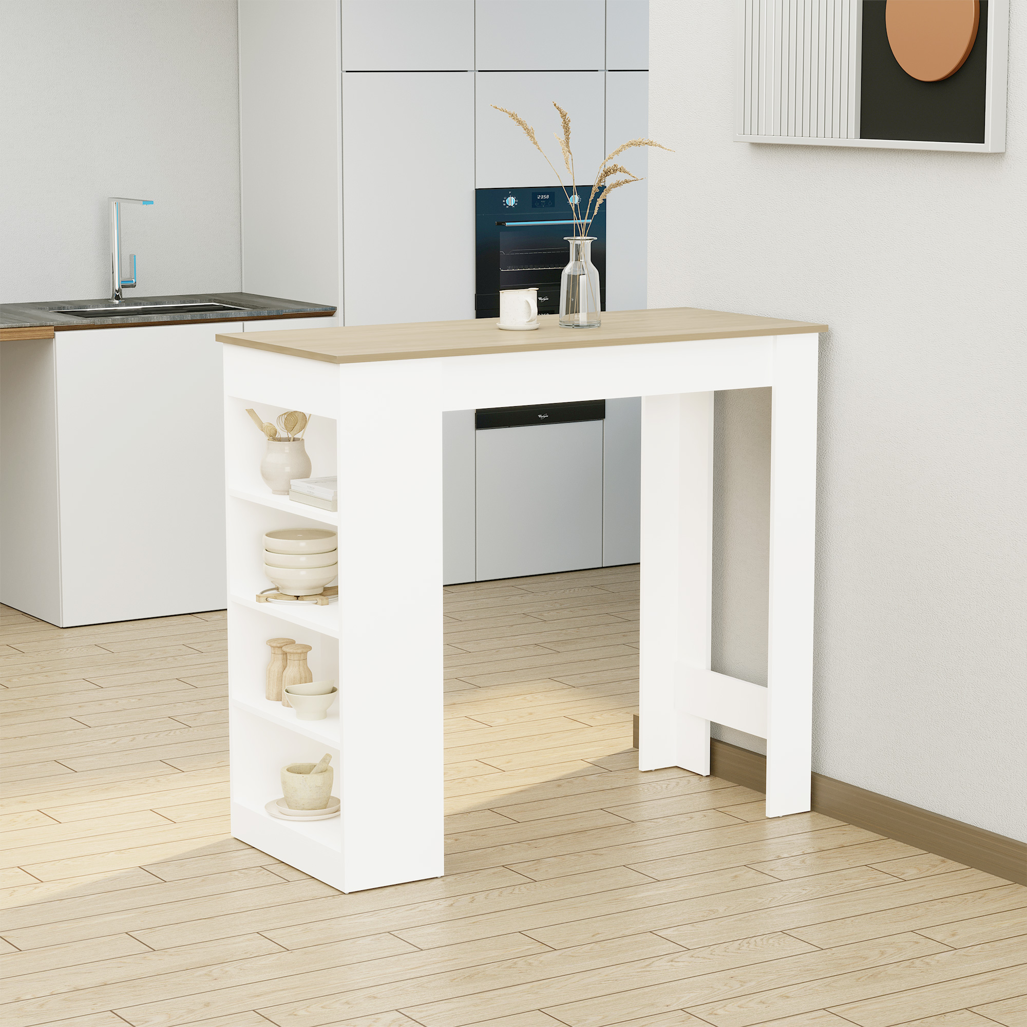 Bar Table, High Top Pub Table with 4 Storage Shelves, Modern Bar Height Table for Home Bar, Kitchen, Natural - Image 6