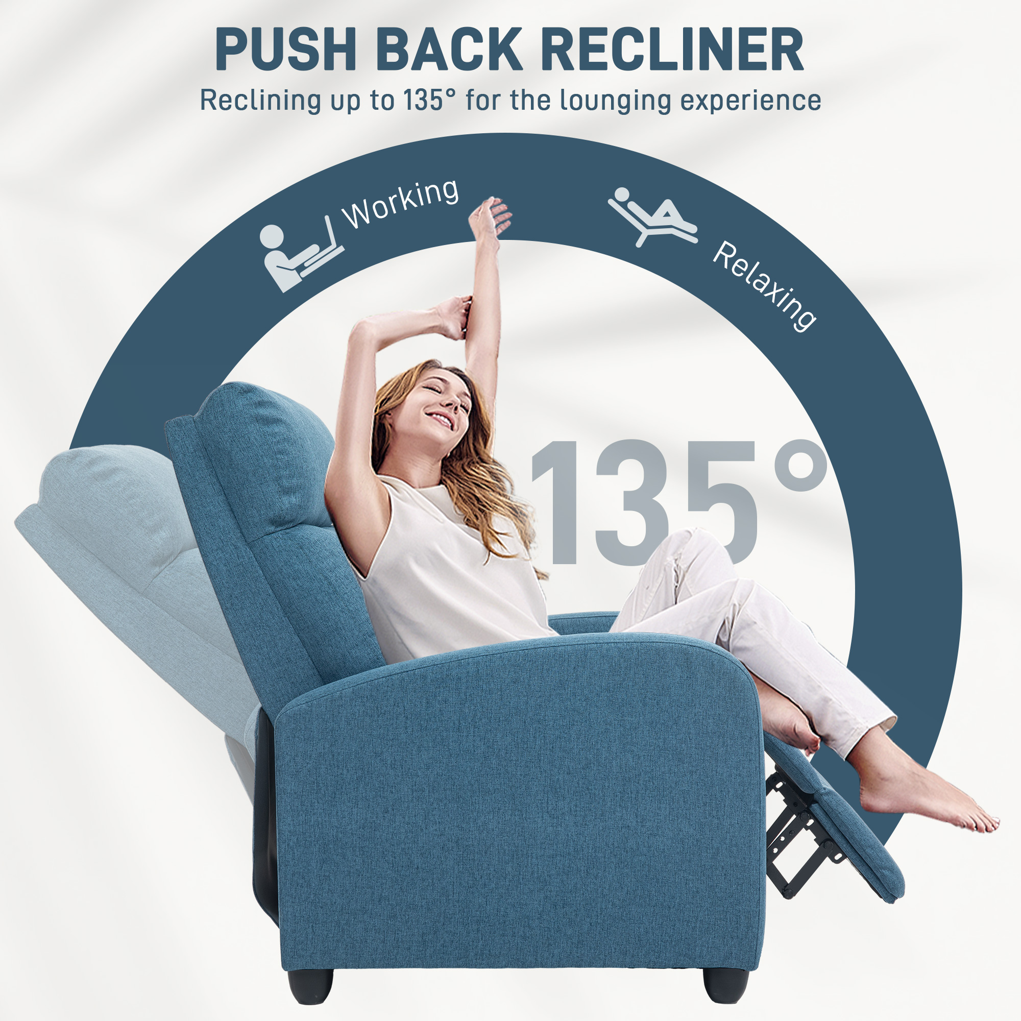 Fabric Recliner Chair Manual Home Theater Seating Single Reclining Sofa Chair with Padded Seat for Living Room, Blue - Image 2
