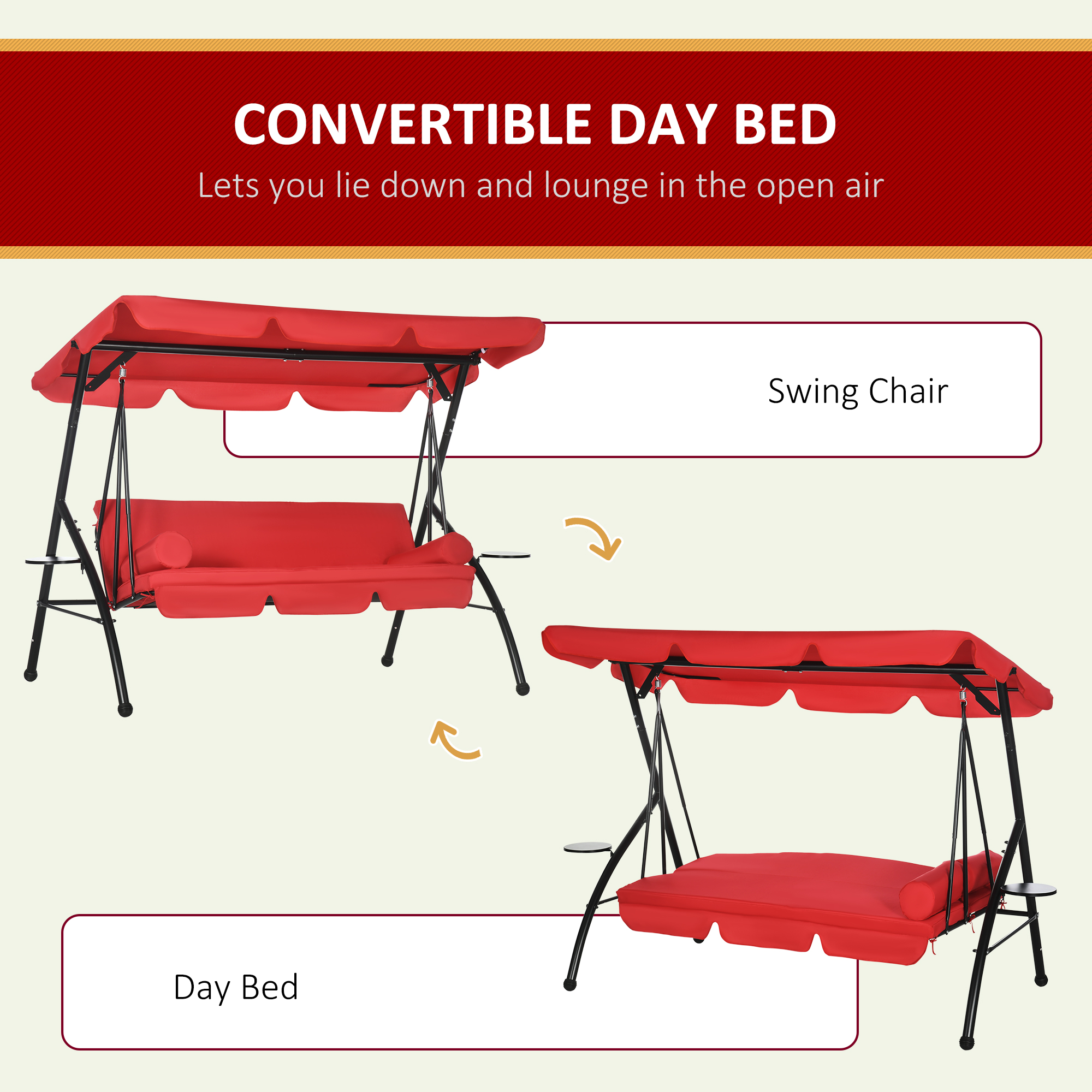 3-Seat Outdoor Patio Swing Chair, 2-in-1 Convertible Flat Bed, Canopy Swing Glider w/ Adjustable Shade, Removable Cushion and Pillows for Porch, Garden, Poolside - Image 2