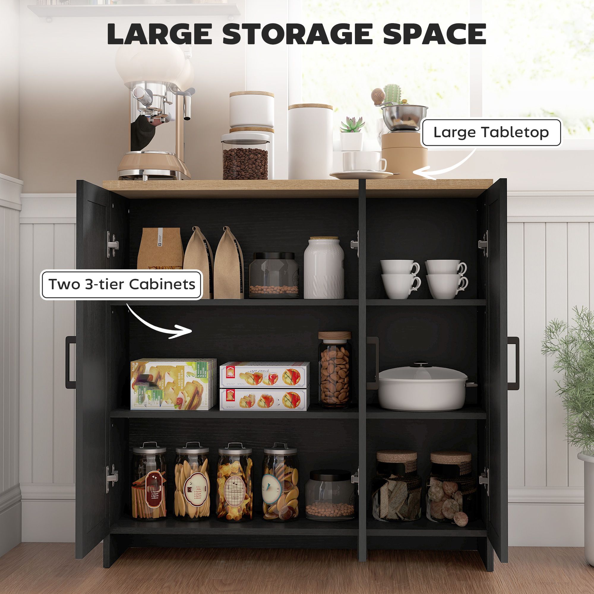 Modern Sideboard Buffet Cabinet, Modern Kitchen Storage Cabinet with 3 Doors Adjustable Shelves, for Dining Room, Black - Image 2