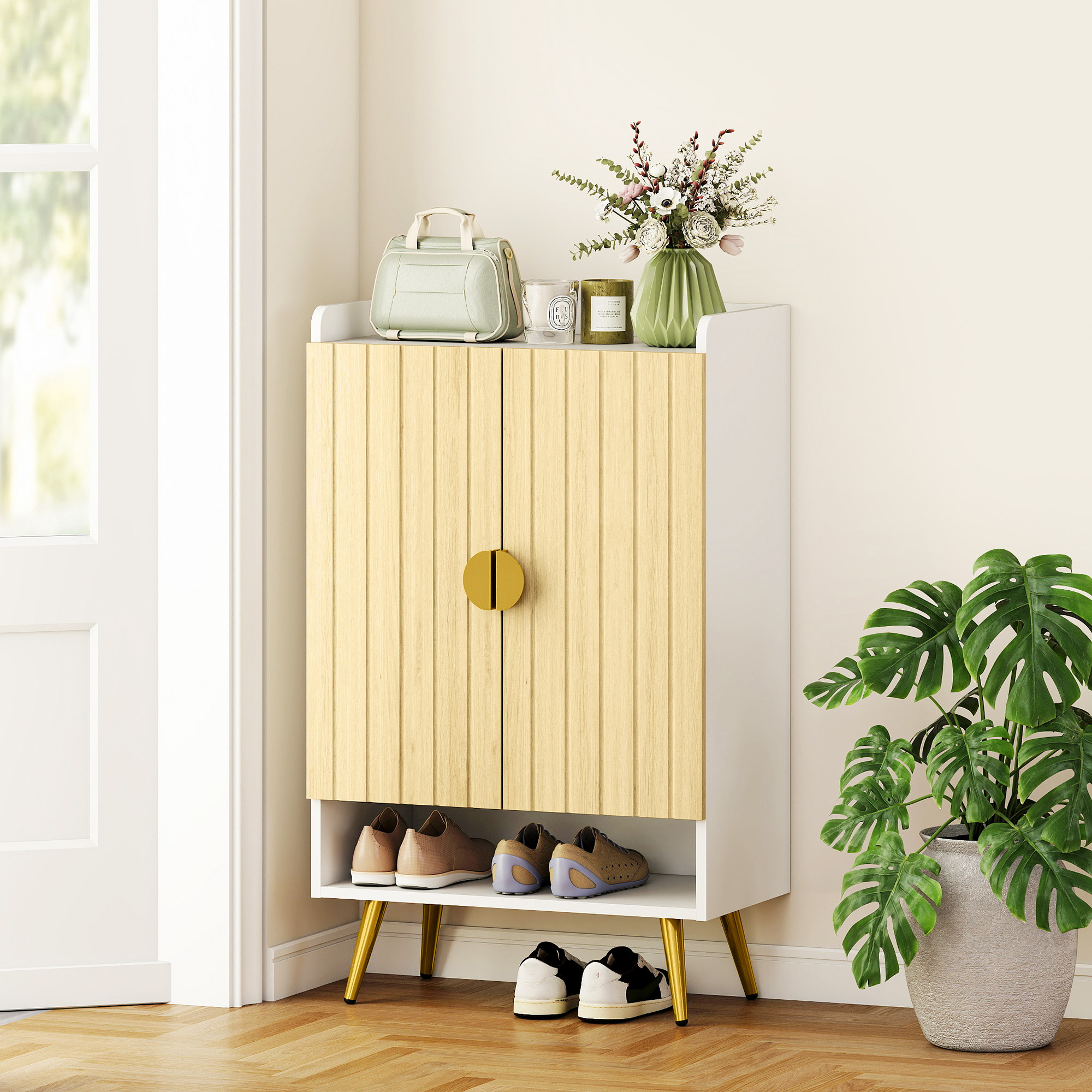 Entryway Shoe Storage Cabinet, Narrow Shoe Cabinet with Adjustable Shelves and Open Shelf for 15 Pairs of Shoes, Natural - Image 6