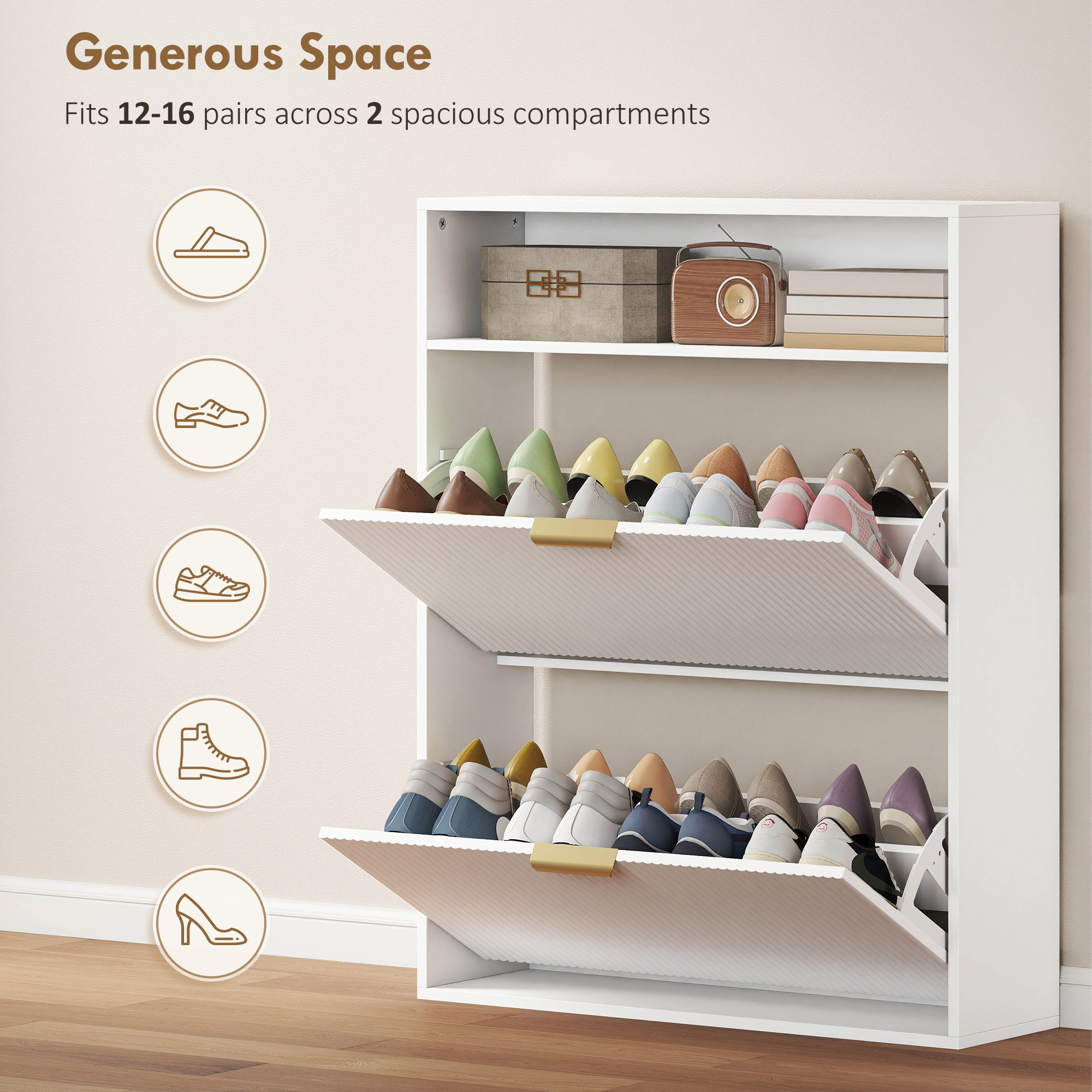Shoe Cabinet with 2 Flip Drawers Narrow Shoe Storage Cabinet with Top Shelf for Entryway Hallway White - Image 3