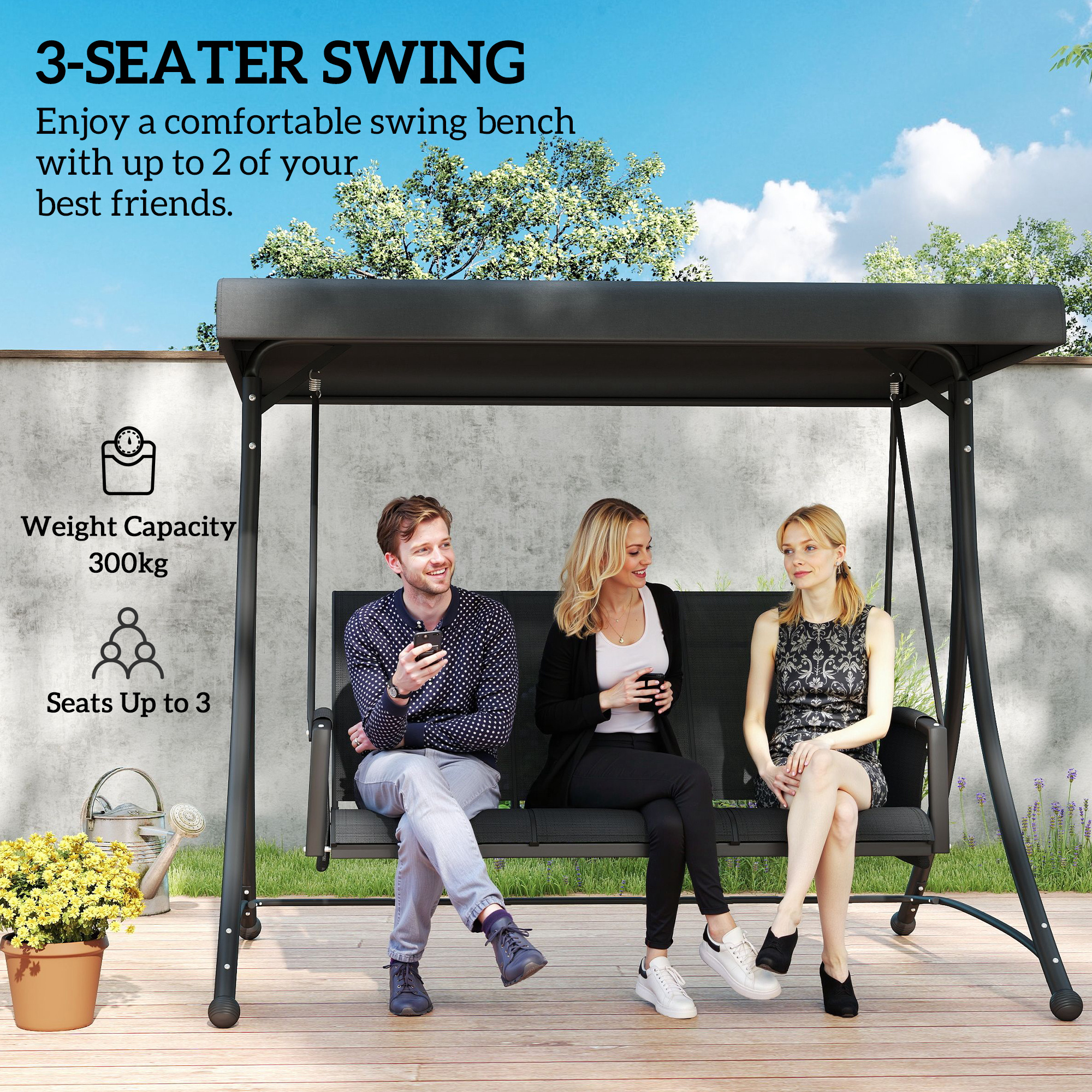 3 Person Outdoor Porch Swing Chair with Adjustable Canopy, Black - Image 5