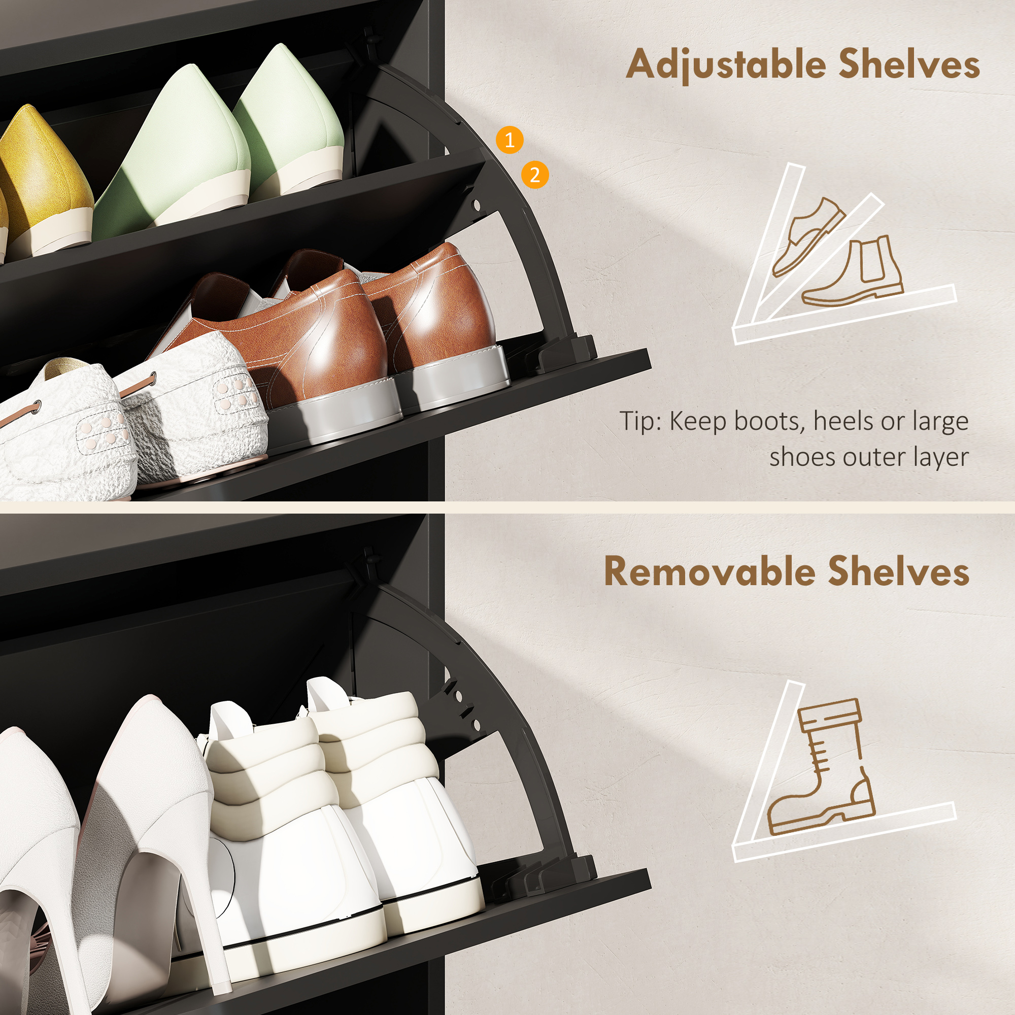 Narrow Shoe Cabinet, Shoe Storage Cabinet with 4 Flip Drawers and Adjustable Shelves for 16 Pairs of Shoes, Black - Image 4