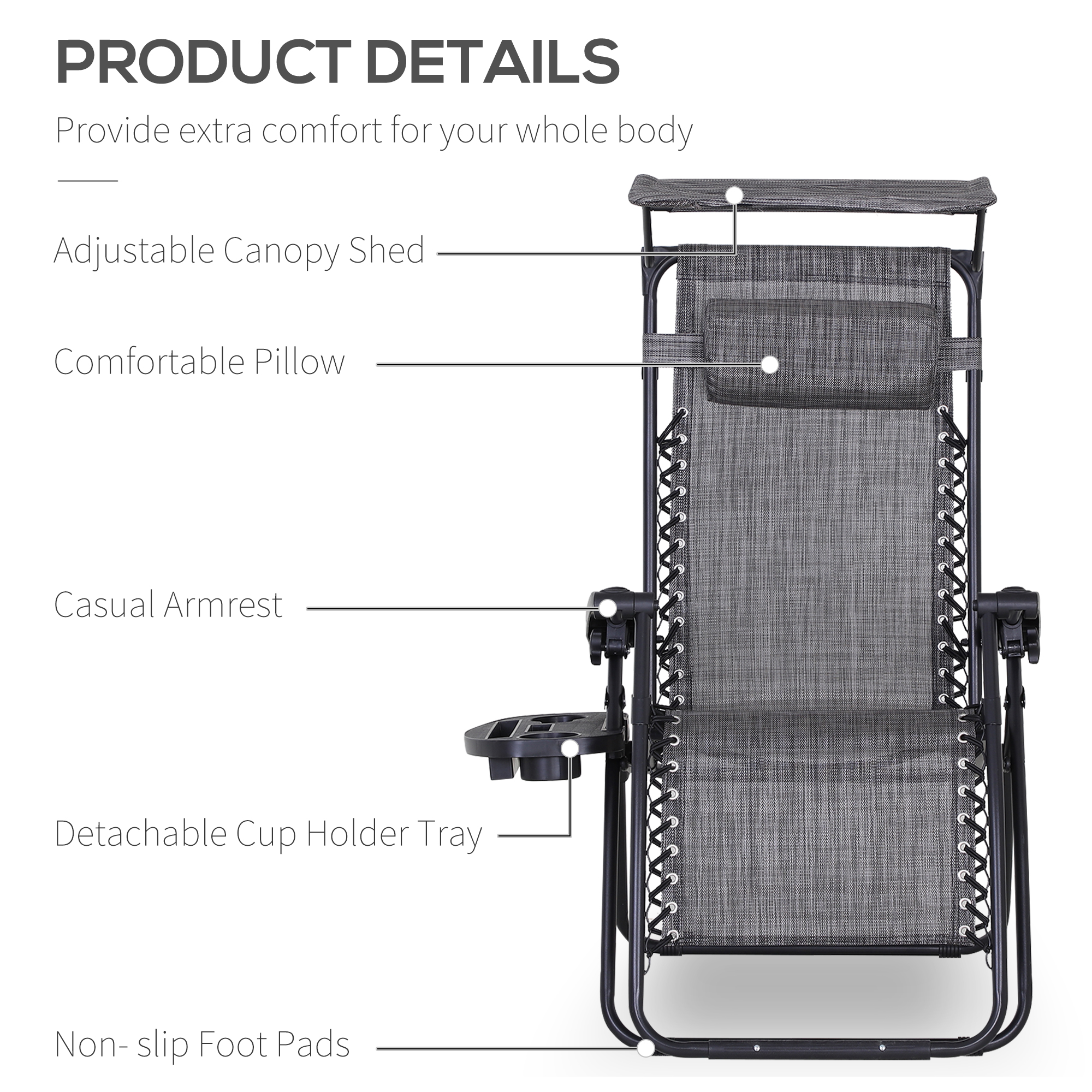 Outdoor Zero Gravity Reclining Lounger Chair with Canopy Shade, Side Tray, Cupholder, Dark Grey - Image 2
