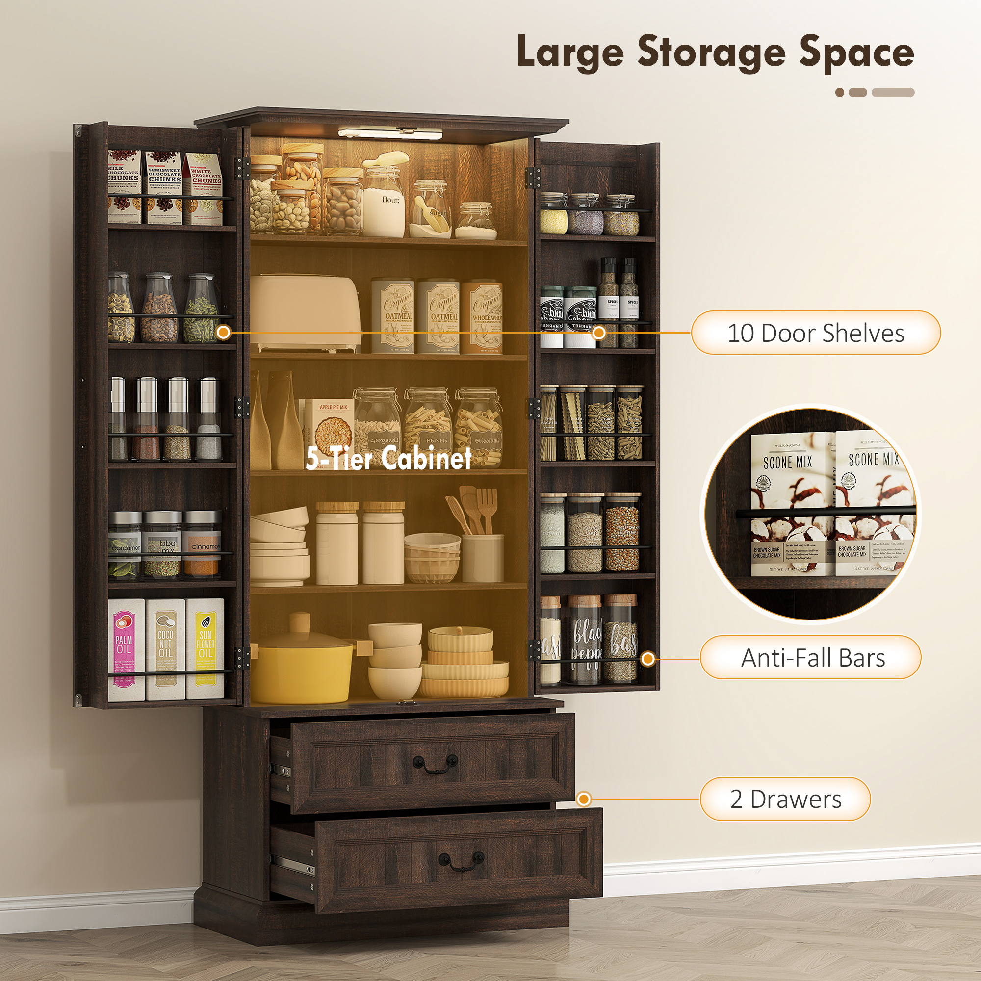 72" LED Kitchen Pantry Cabinet, Buffet Storage Cabinet with 10 Door Shelves, 2 Drawers and Adjustable Shelves, Brown - Image 3