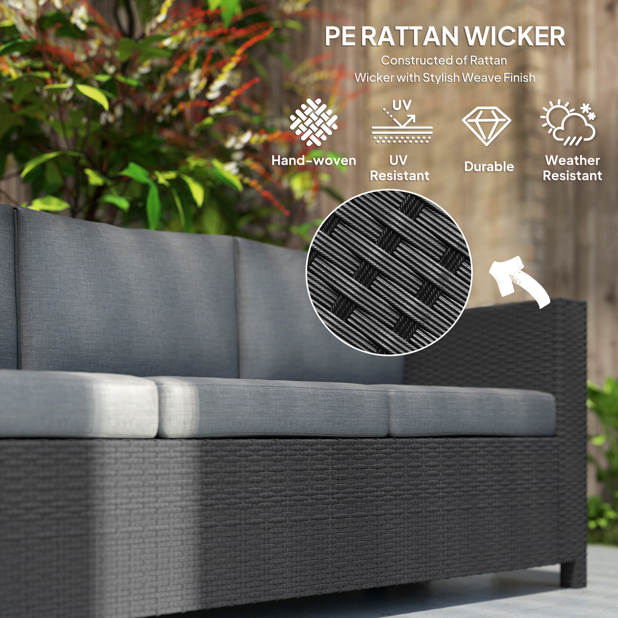 Deluxe 3 Seat Rattan Wicker Sofa Garden Outdoor Patio Furniture with Cushion, Grey - Image 2