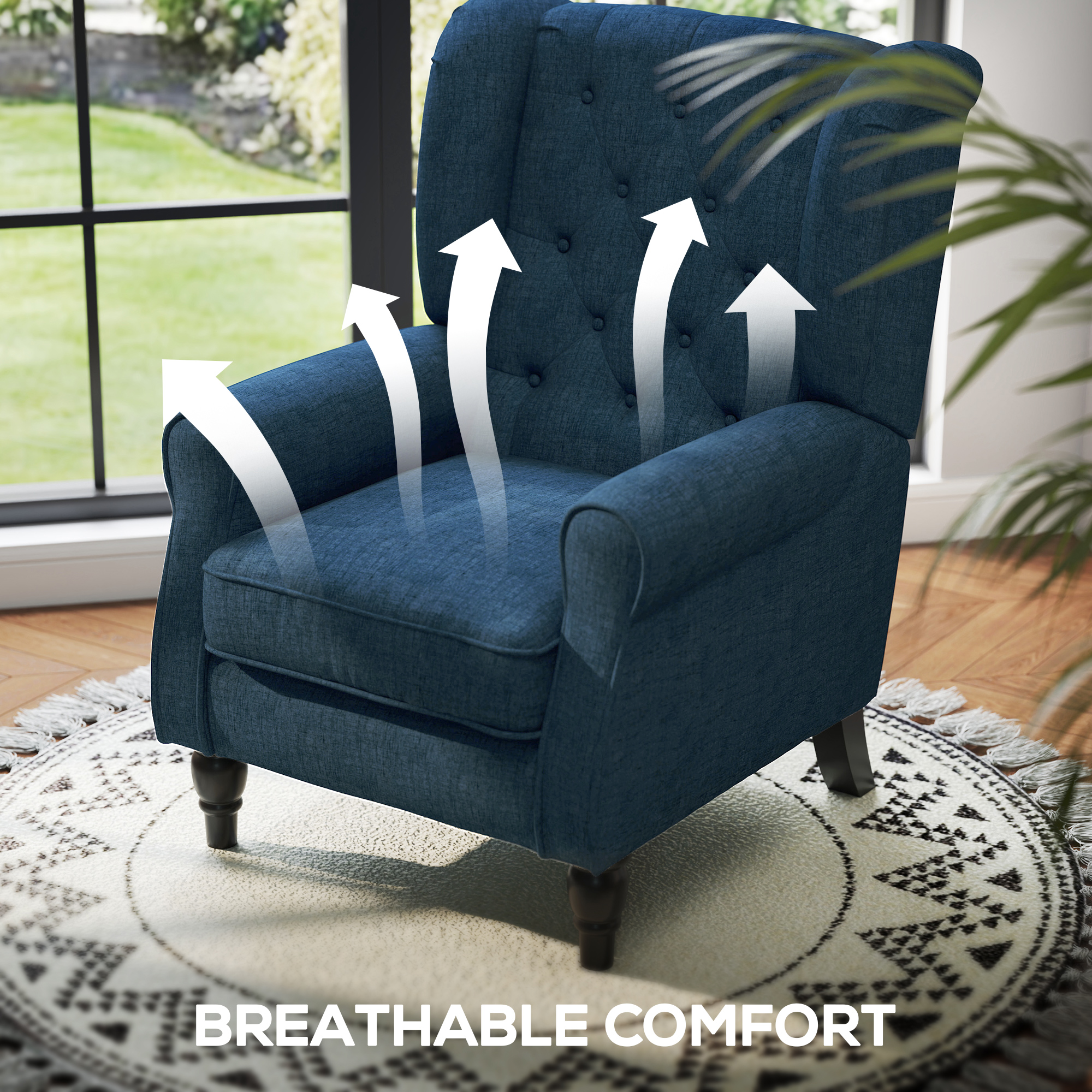 Button Tufted Accent Chair for Living Room - Upholstered Wingback with Wood Legs, Rolled Arms, Thick Padding, Blue - Image 4