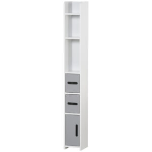 Freestanding Tall Bathroom Cabinet, Narrow Bathroom Storage Cabinet with Shelves and Cupboards, Grey and White