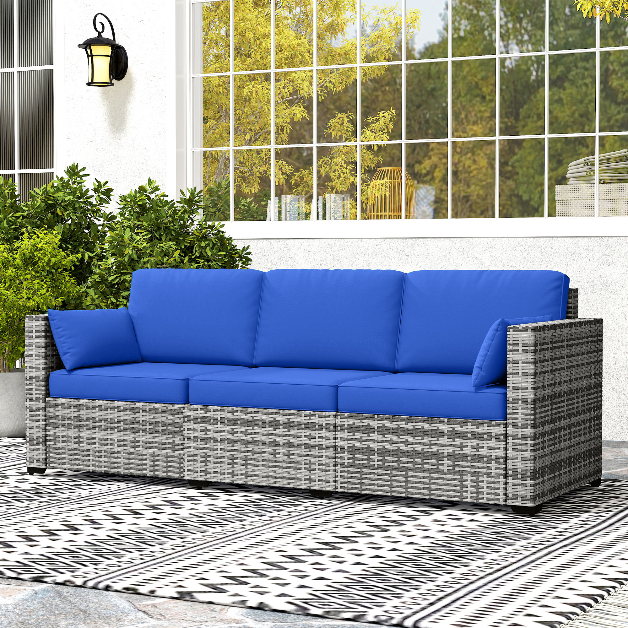 3-Seater Outdoor Sofa with Cushions, PE Rattan Conversation Patio Couch with Pillows for Garden, Poolside, Blue - Image 6