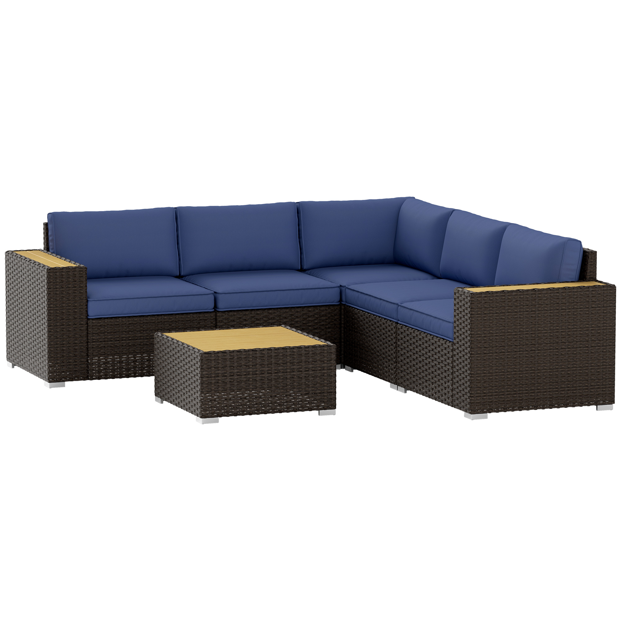 6 Pieces Outdoor Rattan Patio Furniture Set with Corner Sofa, Wood-Plastic Coffee Table, Navy Blue