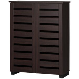 Narrow Shoe Cabinet with 2 Slatted Doors, Modern Shoe Storage Cabinet with Adjustable Shelves for Entryway, Hallway, Living Room, Holds 15 Pairs, Dark Brown