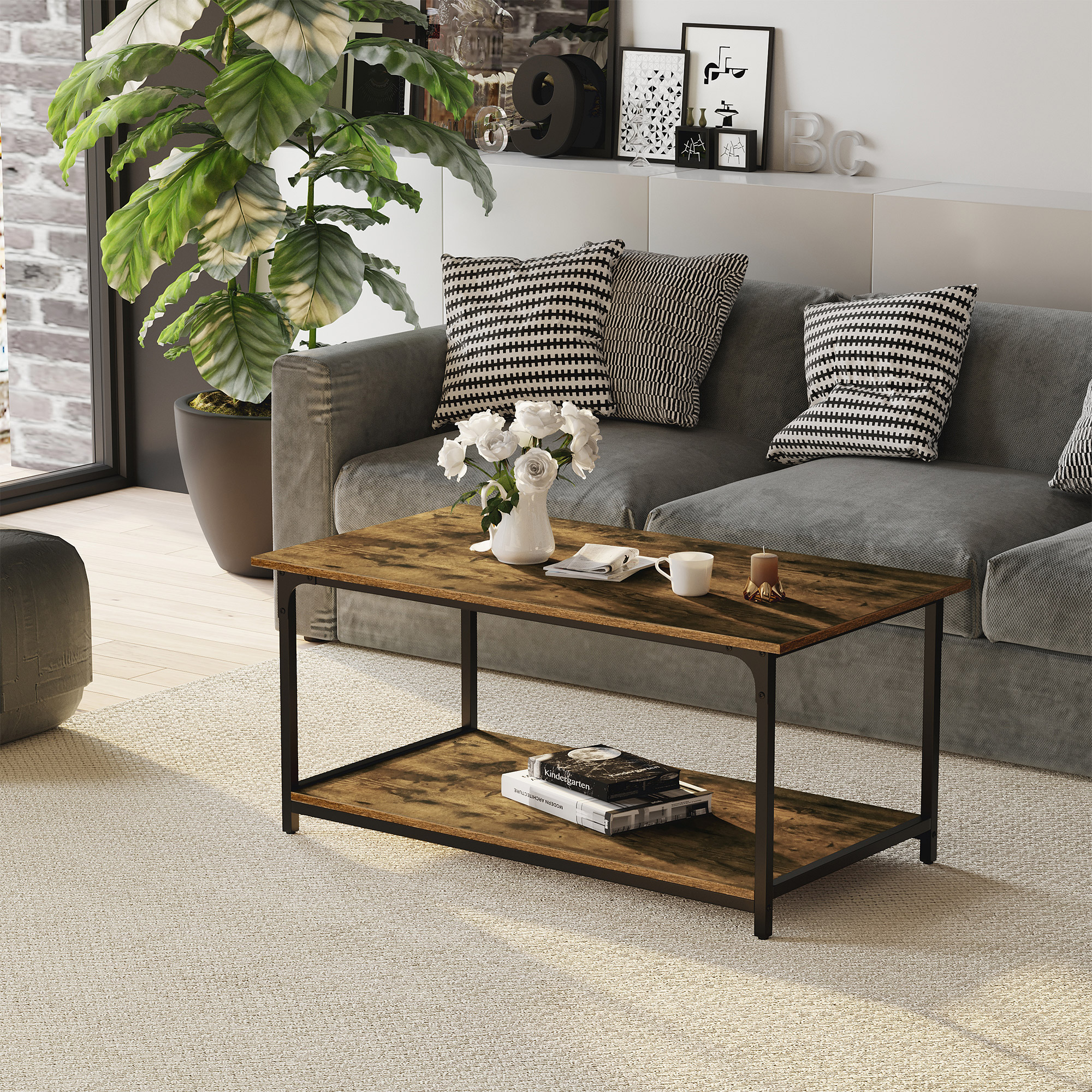 Industrial Coffee Table with Storage Shelf, 2-tier Center Table for Living Room, Rustic Brown - Image 6