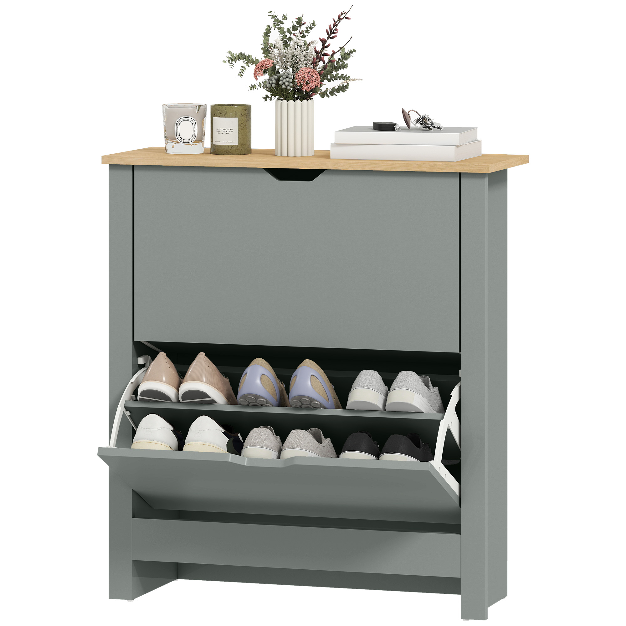 Shoe Storage Cabinet with 2 Flip Drawers and Adjustable Shelves for 8–12 Pairs of Shoes, Light Grey