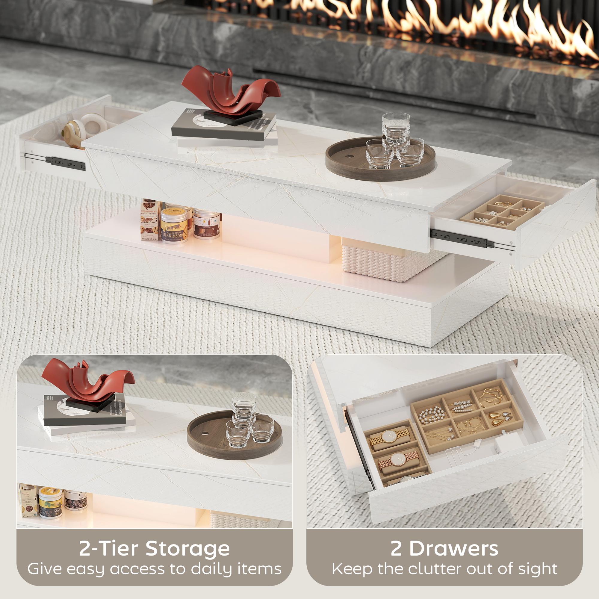 Coffee Table with Adjustable LED Lights, Center Table with 2 Drawers, Open Shelf, Remote, High Gloss Marble-Effect White - Image 3