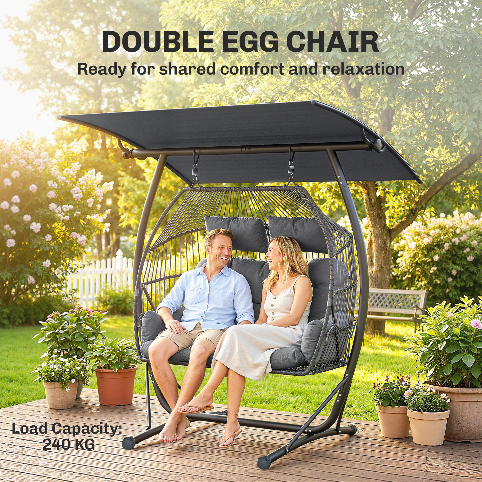 Hanging Double Egg Chair Outdoor Egg Swing Chair with Canopy, Cushion, Stand, Dark Grey - Image 3
