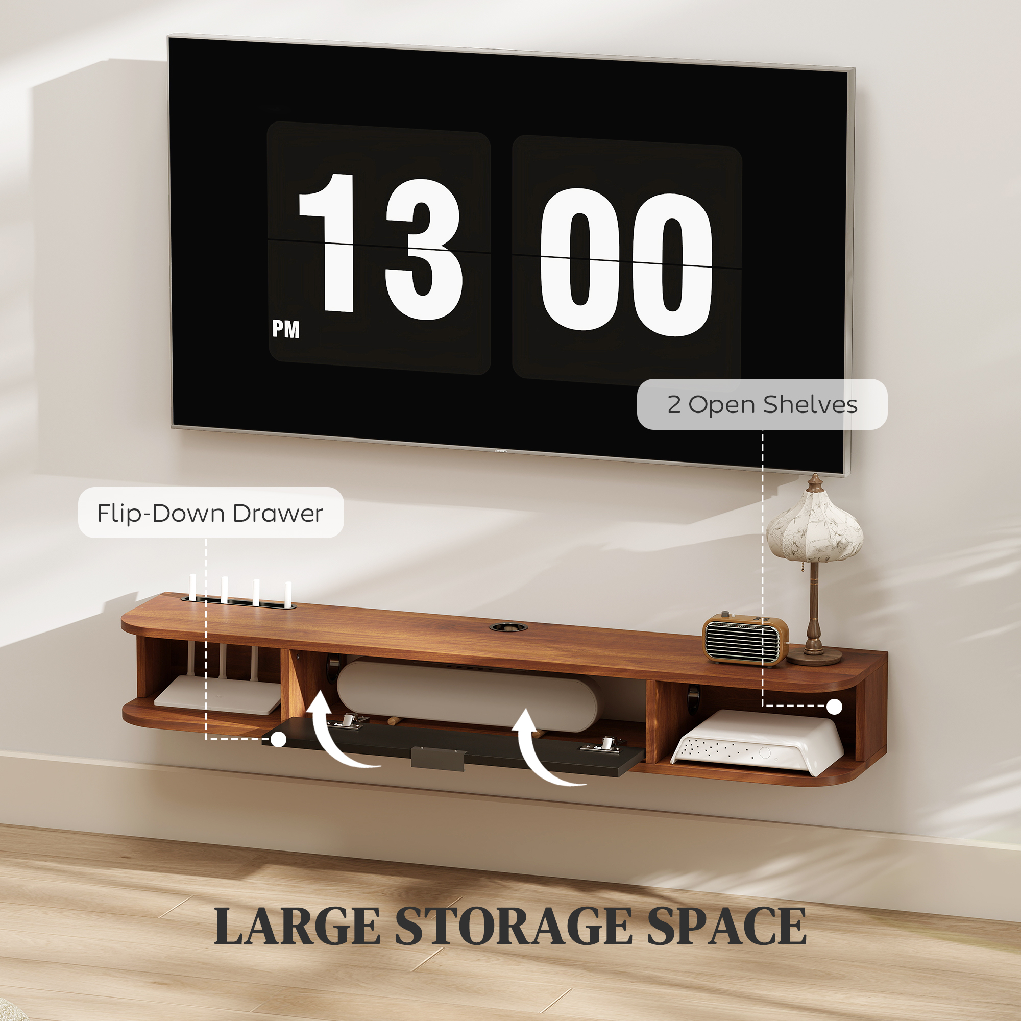 47" Floating TV Stand for TVs up to 50 Inch, Wall Mounted Media Console with Flip Drawer and 2 Open Shelves, Walnut - Image 3