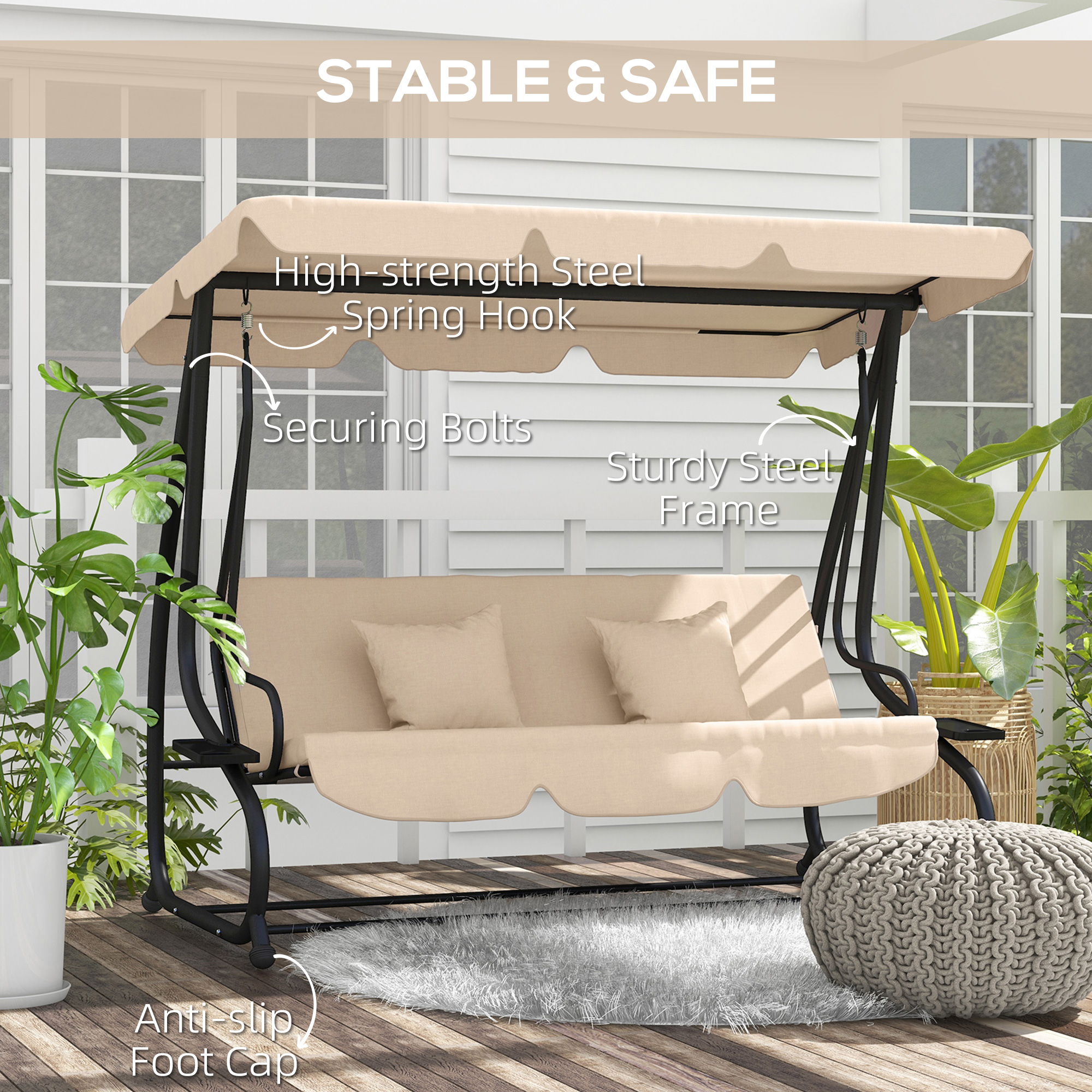 3-Seat Outdoor Patio Swing Chair, 2-in-1 Convertible Flat Bed, Canopy Swing with Adjustable Shade, Removable Cushions, Cup Holder, Light Brown - Image 4