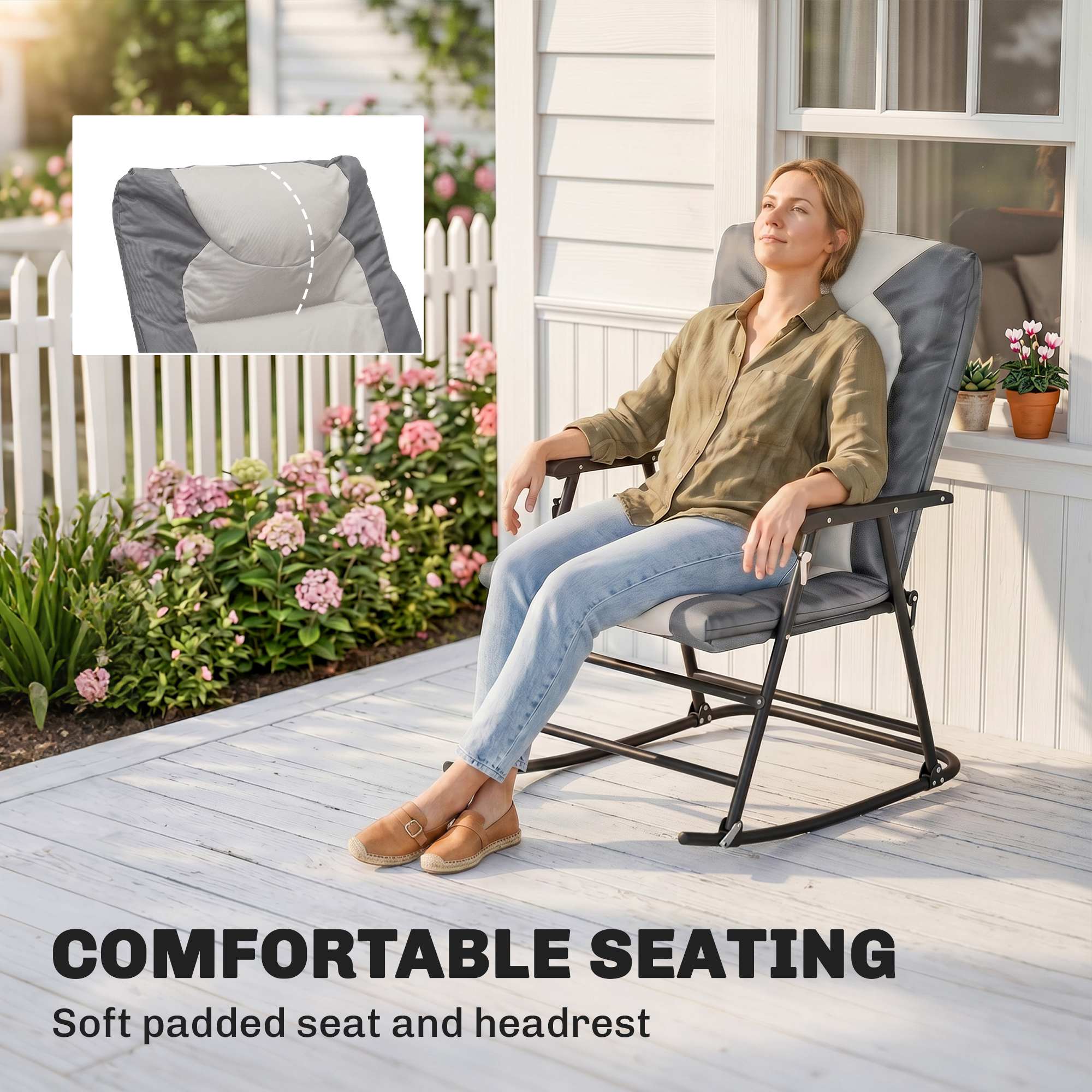 3-Piece Outdoor Foldable Rocking Chair Set, Light Grey - Image 5