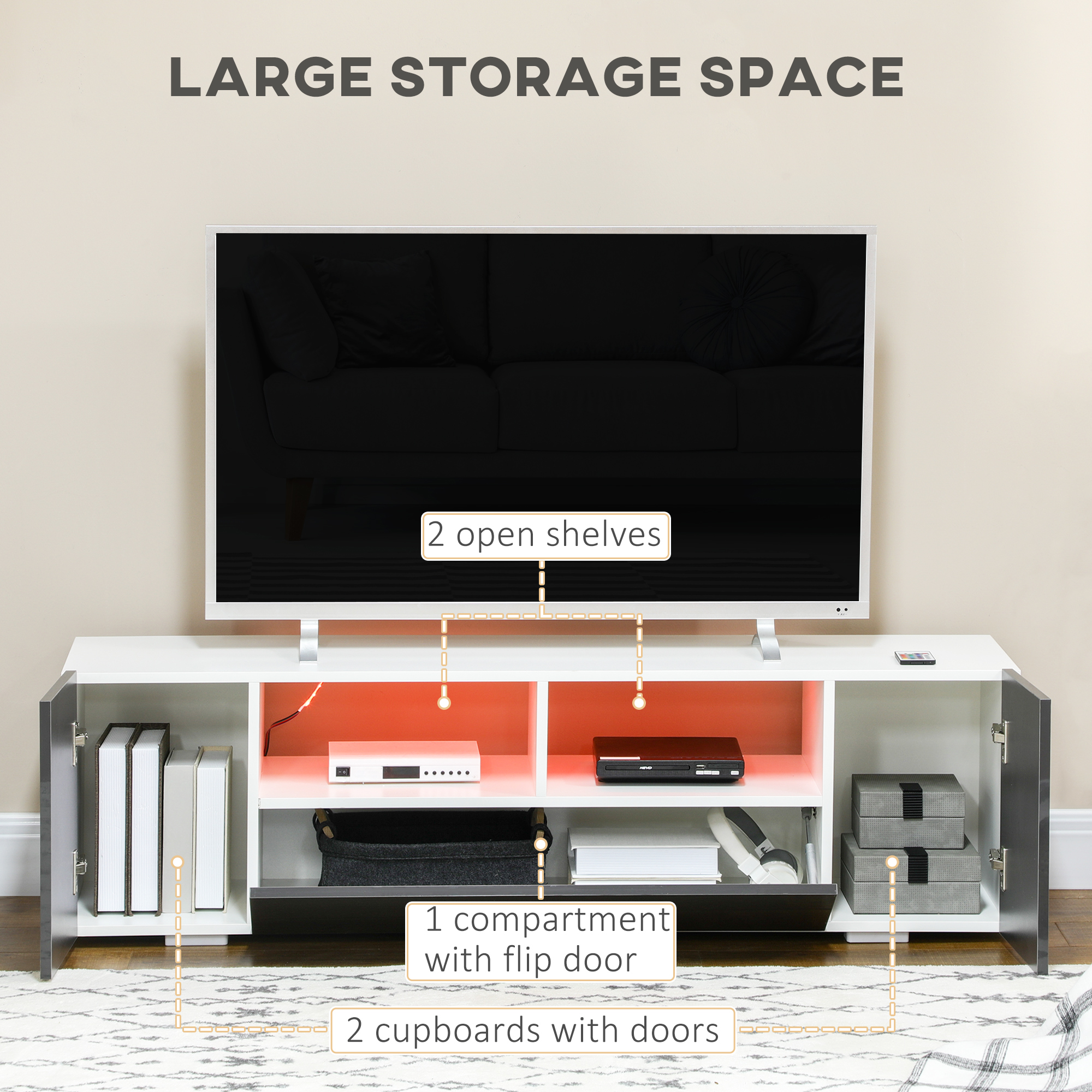 TV Stand for TVs up to 60", TV Unit with LED Lights, Storage Shelves and Cupboards, 53.9" x 13.8" x 16.5", Grey - Image 4