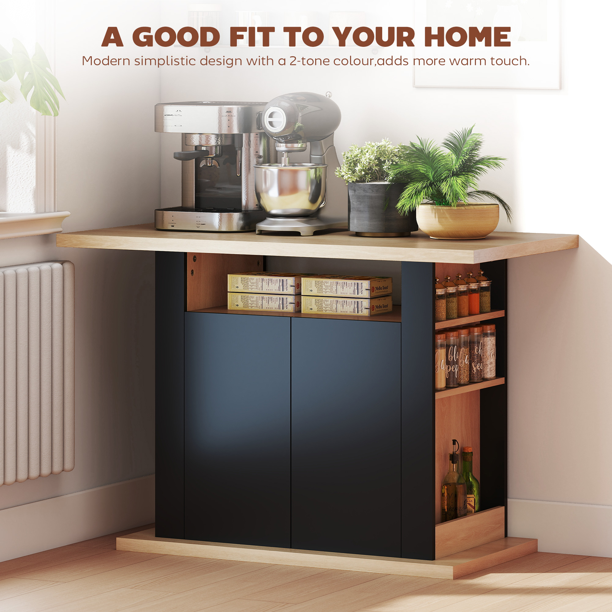 Kitchen Island Dining Table with Storage Cabinet, Large Tabletop for 4 People, 4-Door Cupboard & Shelves, Black - Image 2