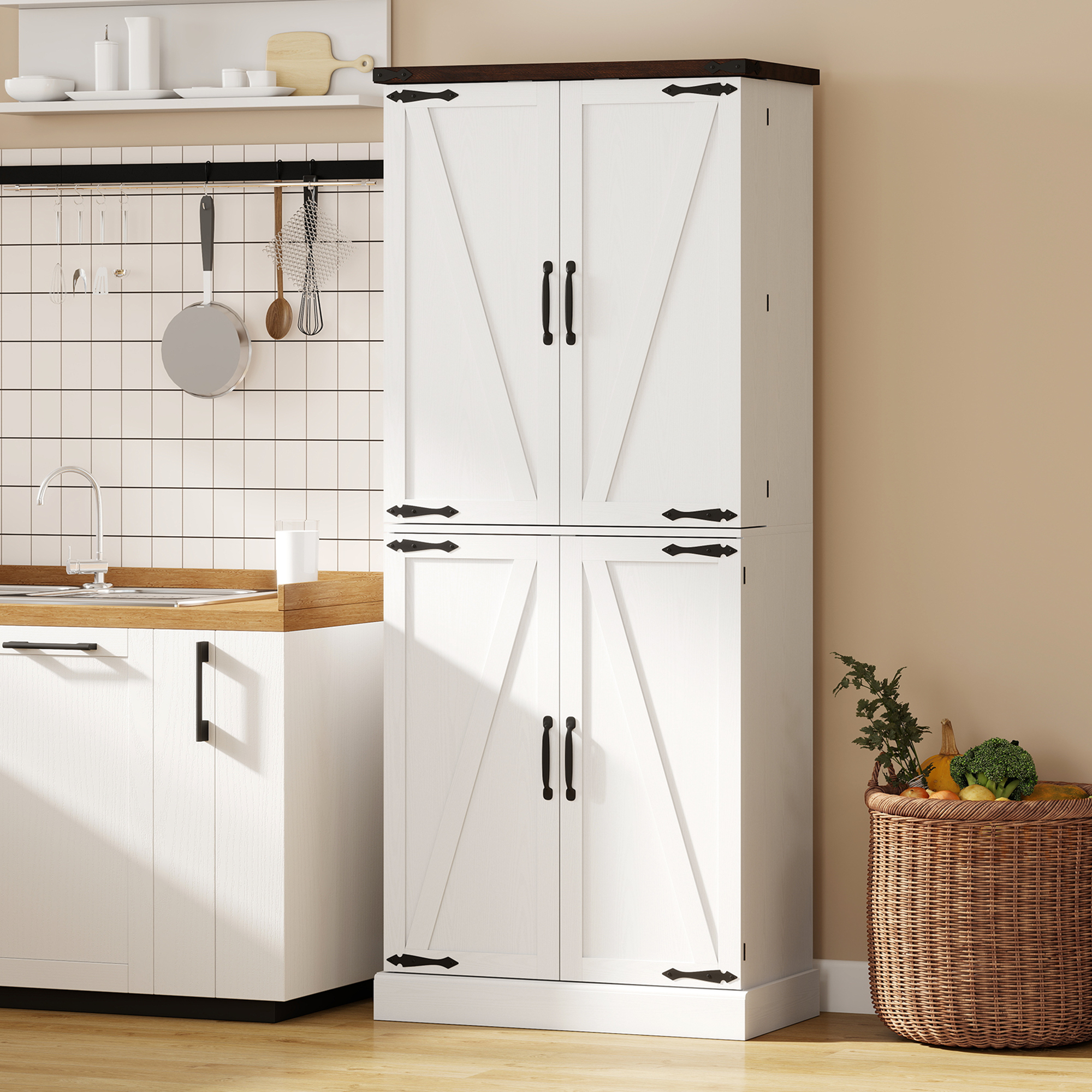 72" Tall Kitchen Pantry Cabinet, Farmhouse Storage Cabinet with 8 Door Racks and Adjustable Shelves, White - Image 6