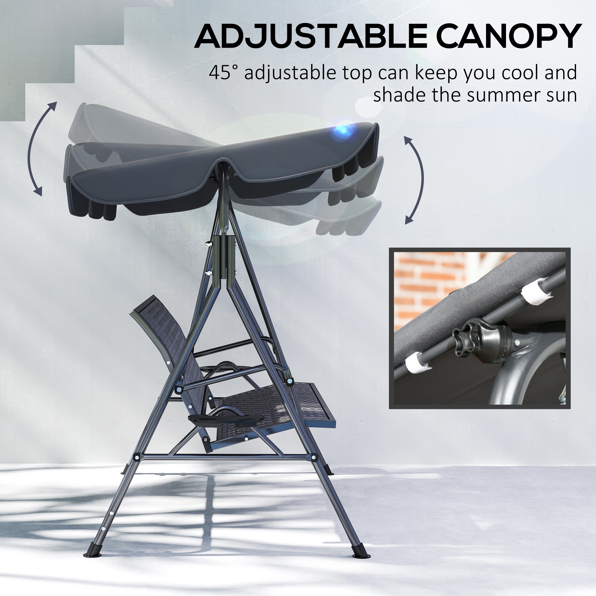 3-Seat Patio Swing Chair, Outdoor Canopy Swing Glider with Adjustable Shade, Grey - Image 3