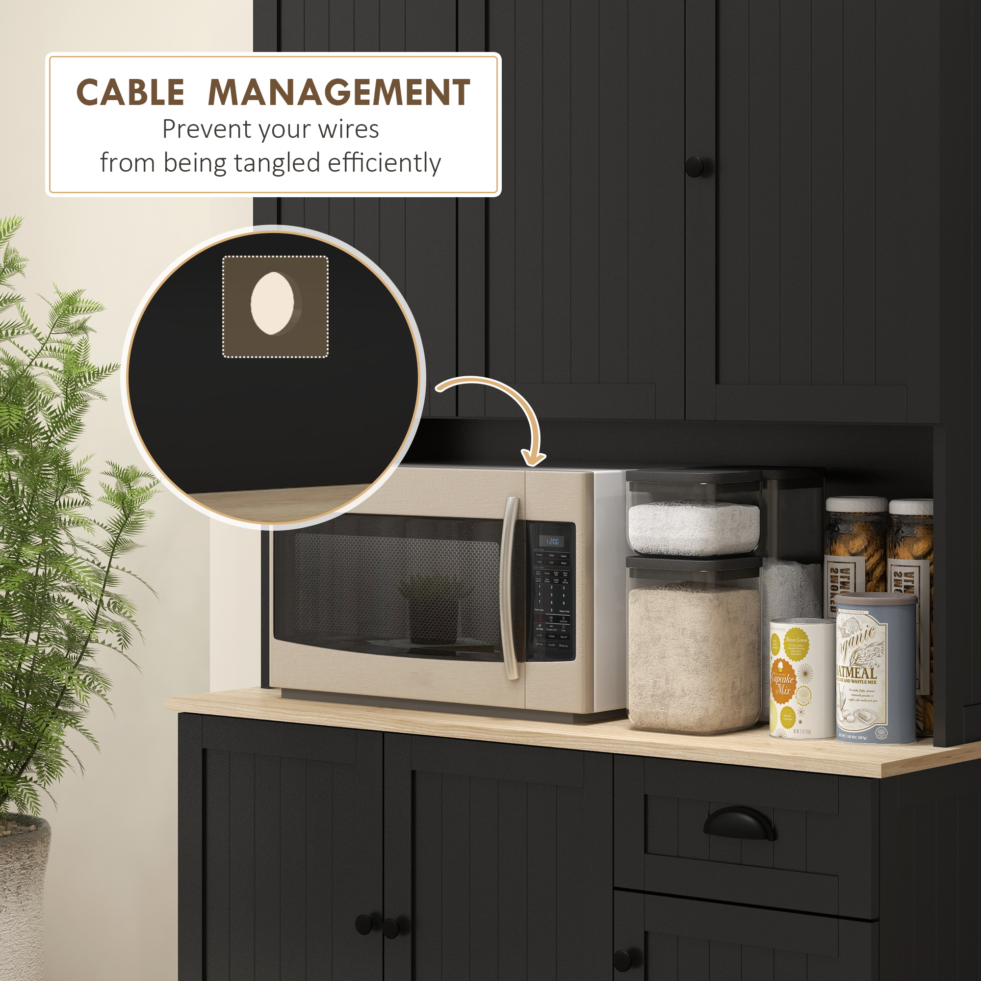 71" Kitchen Pantry Buffet with Hutch Storage Cabinet Microwave Oven Stand with Drawer, Black - Image 3
